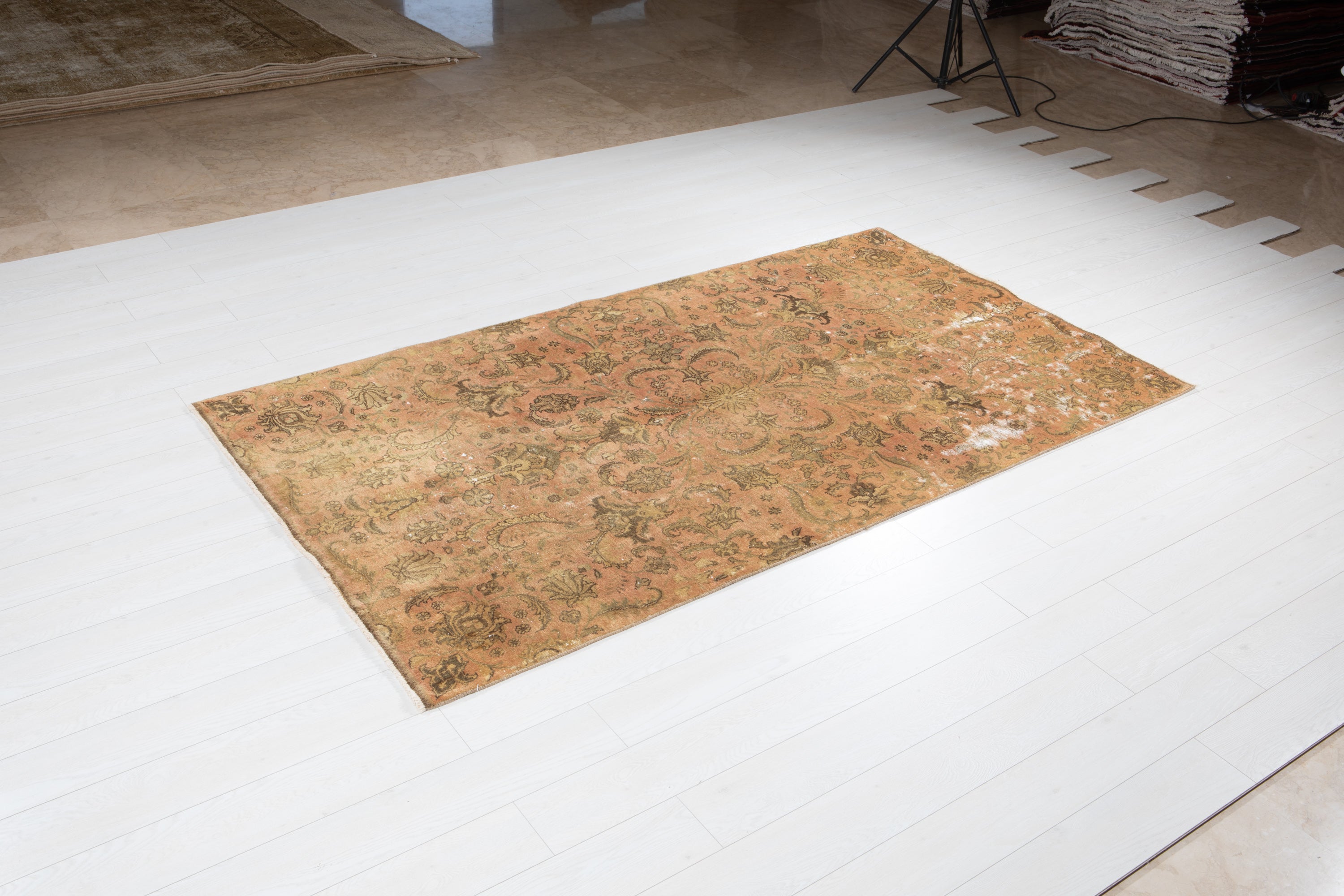 Antique Distressed Tabriz Floral Wool Rug, Faded Peach, 4x8 – 8' 0" x 4' 4" (245 x 133 cm)