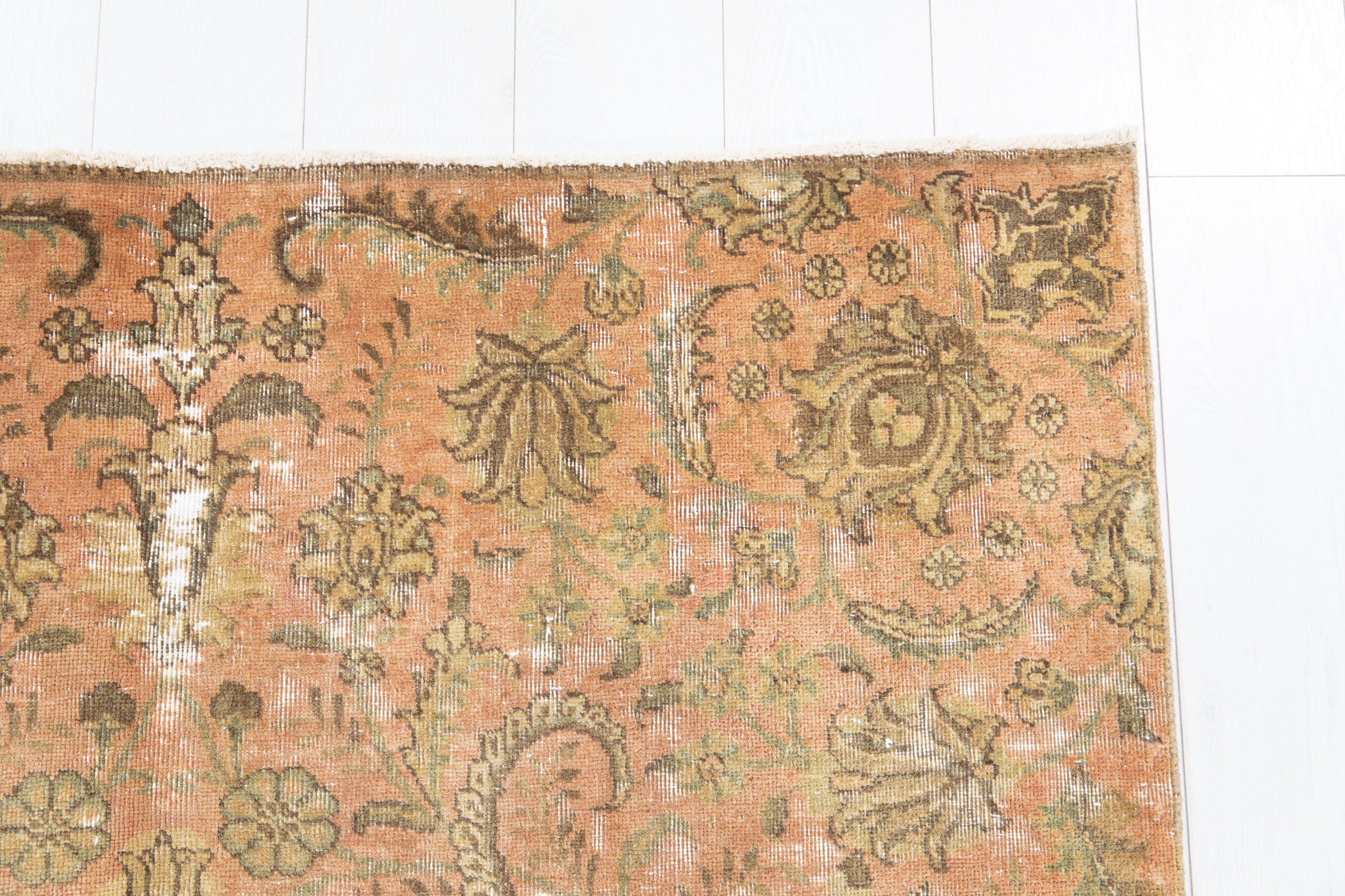 Antique Distressed Tabriz Floral Wool Rug, Faded Peach, 4x8 – 8' 0" x 4' 4" (245 x 133 cm)