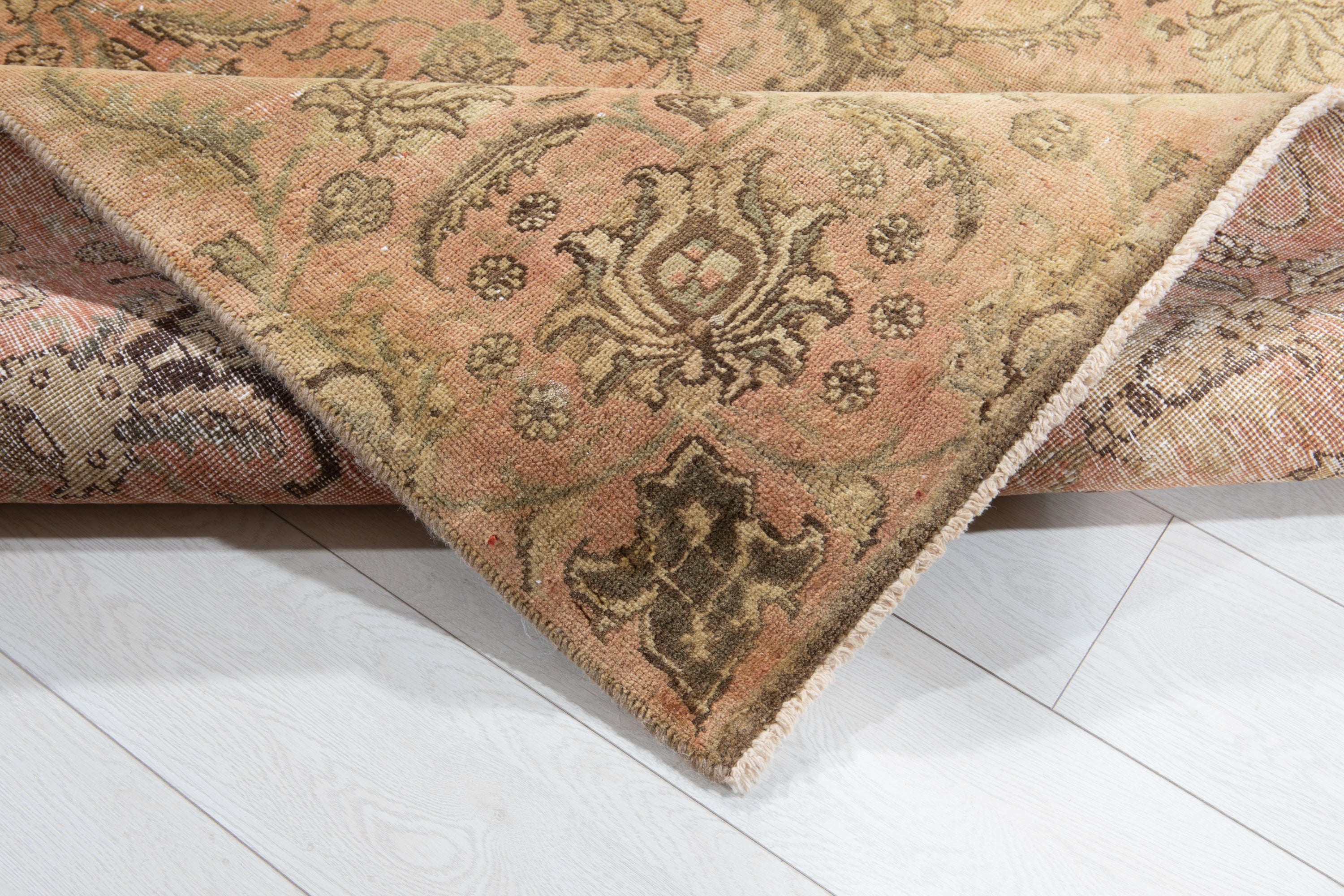 Antique Distressed Tabriz Floral Wool Rug, Faded Peach, 4x8 – 8' 0" x 4' 4" (245 x 133 cm)