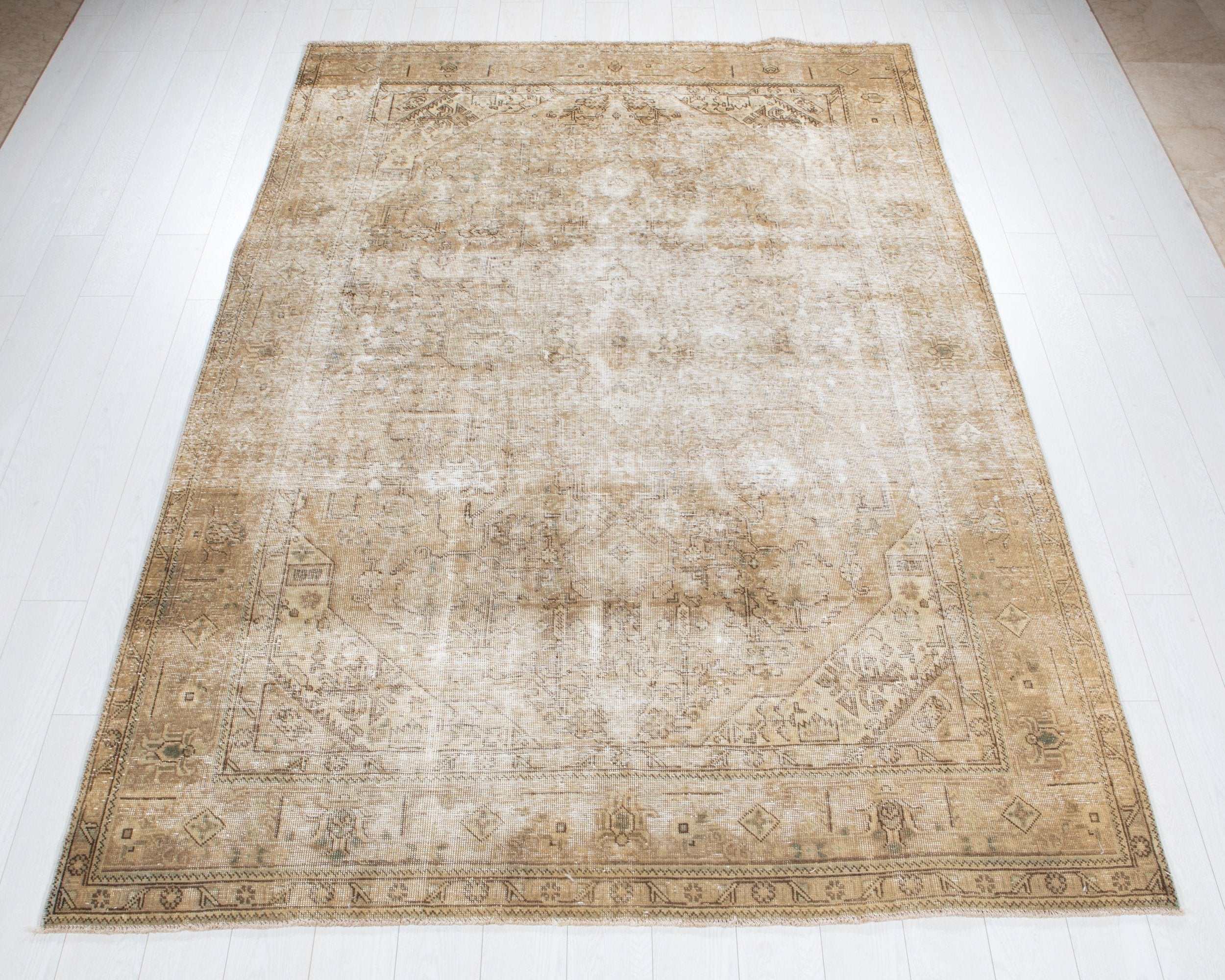 Hand-Knotted Vintage Large Wool Area Rug Faded – 9' 5" x 6' 6" (287 x 199 cm) - Yasi & Fara