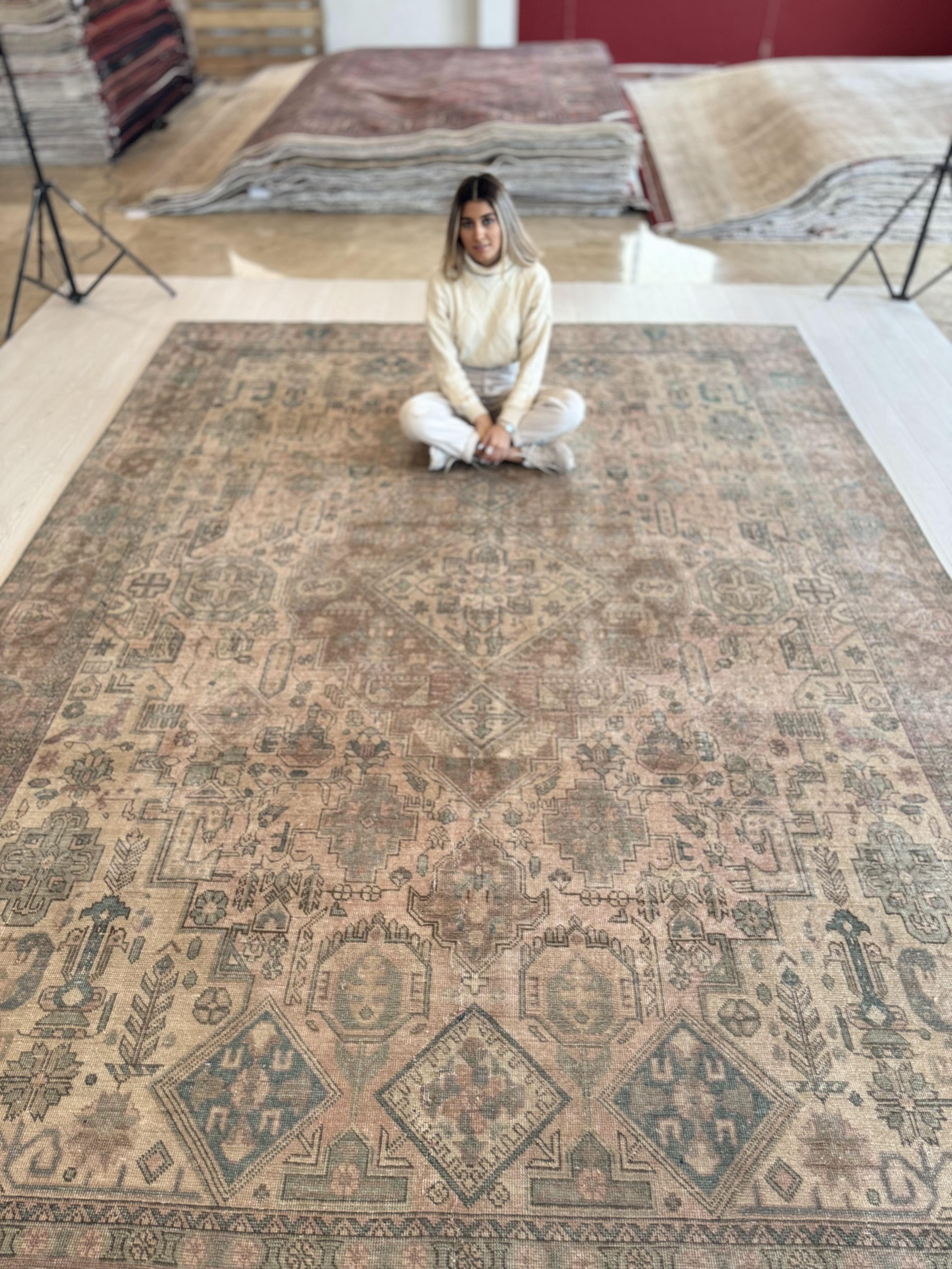 Hand-Knotted Vintage Large Wool Area Rug Faded – 12' 7" x 9' 1" (384 x 278 cm) - Yasi & Fara
