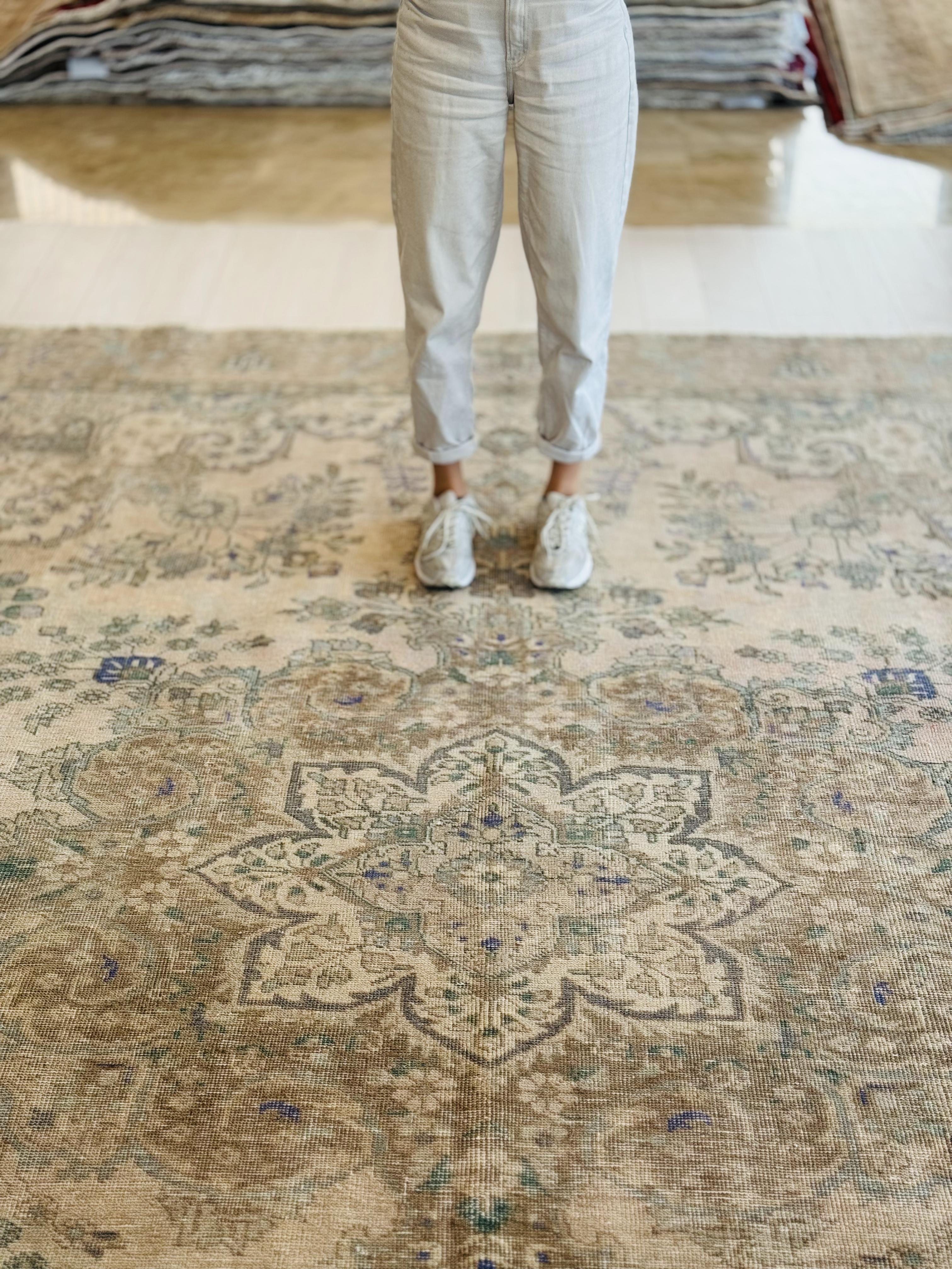 Hand-Knotted Vintage Large Wool Area Rug Faded – 12' 4" x 9' 10" (377 x 299 cm) - Yasi & Fara