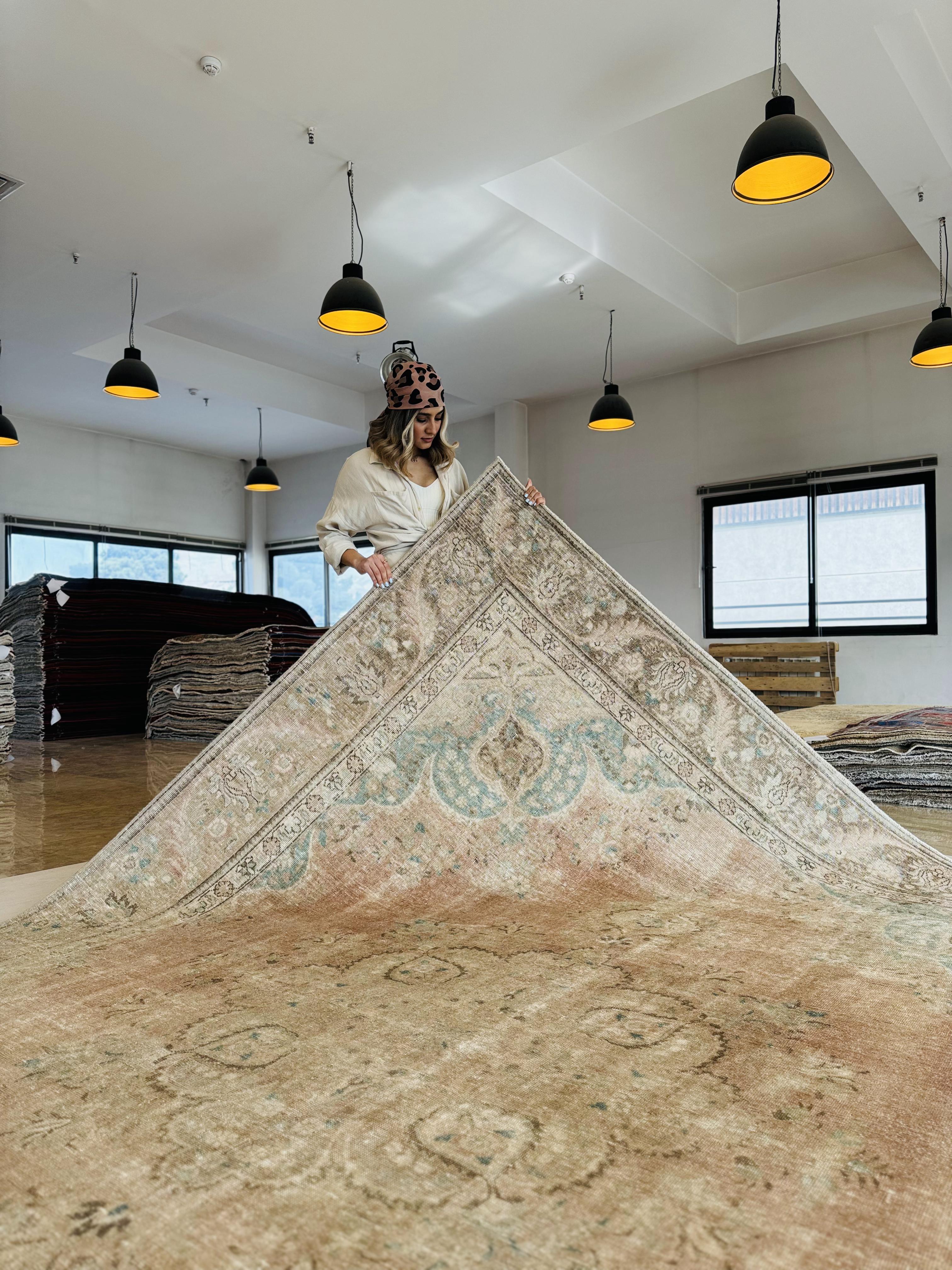 Hand-Knotted Vintage Large Wool Area Rug Faded – 12' 3" x 9' 3" (374 x 283 cm) - Yasi & Fara