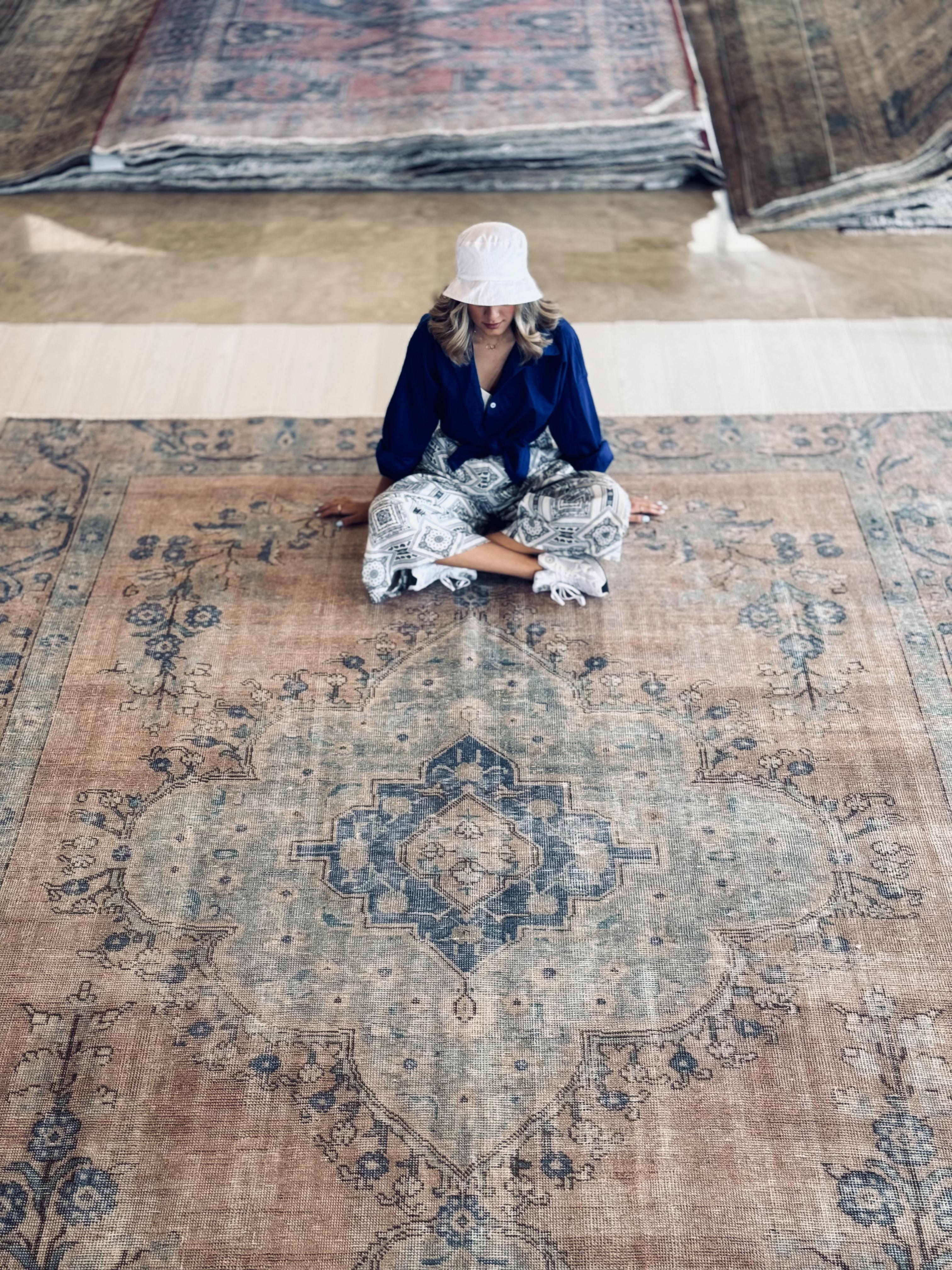 Hand-Knotted Vintage Large Wool Area Rug Faded – 12' 2" x 9' (370 x 274 cm) - Yasi & Fara