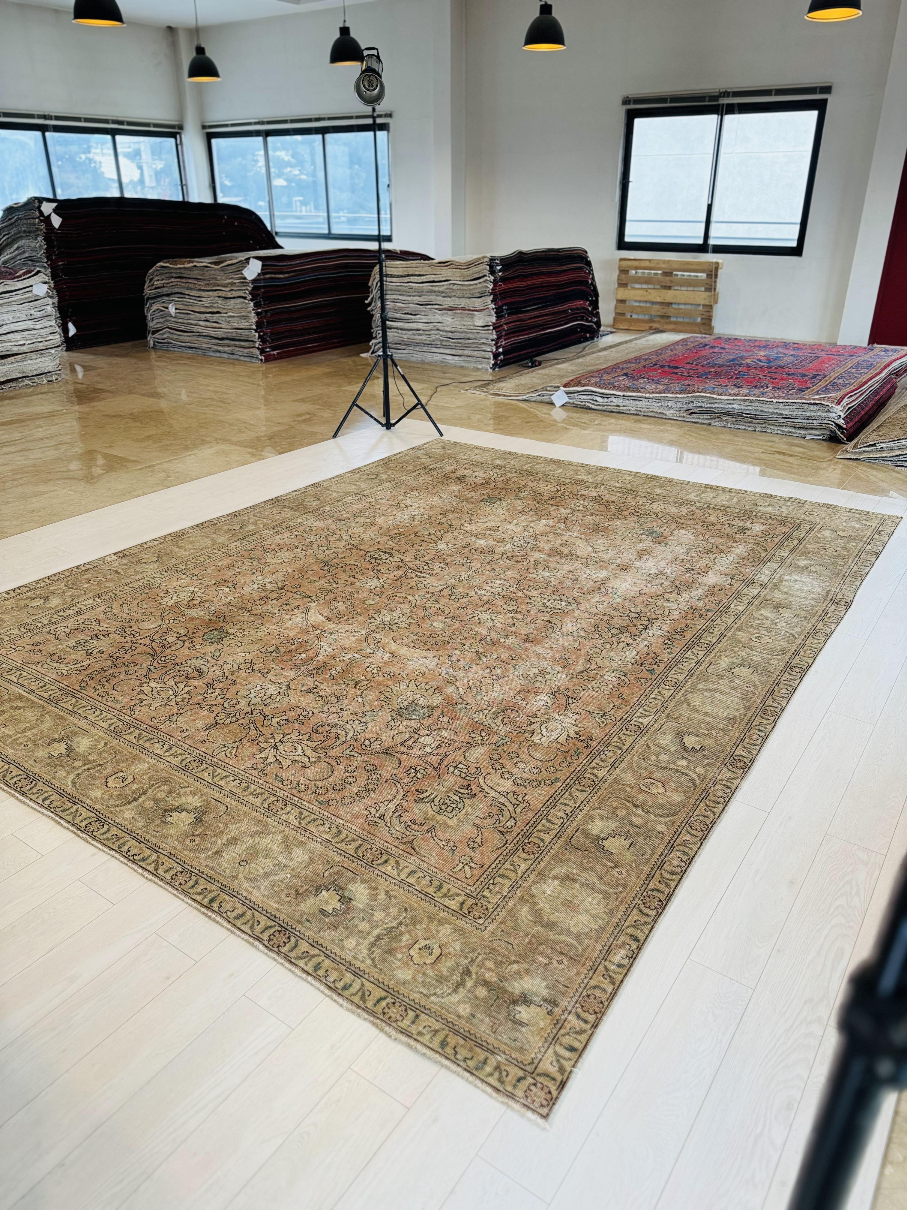 Hand-Knotted Vintage Large Wool Area Rug Faded – 12' 6" x 9' 6" (382 x 291 cm) - Yasi & Fara