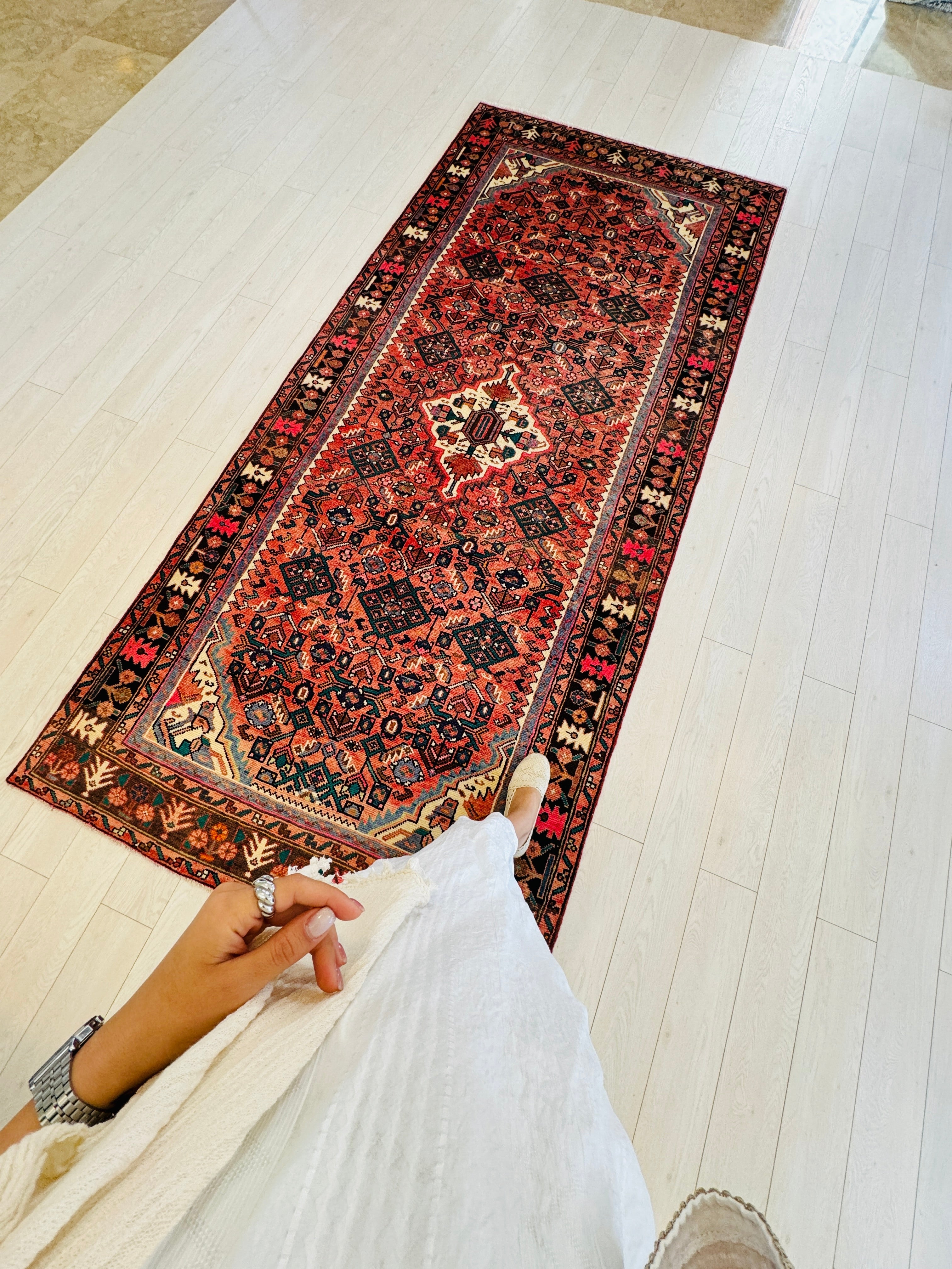 Hand-Knotted Vintage Wool Area Rug – 10' 2" x 4' 7" (311 × 139 cm) - Yasi & Fara