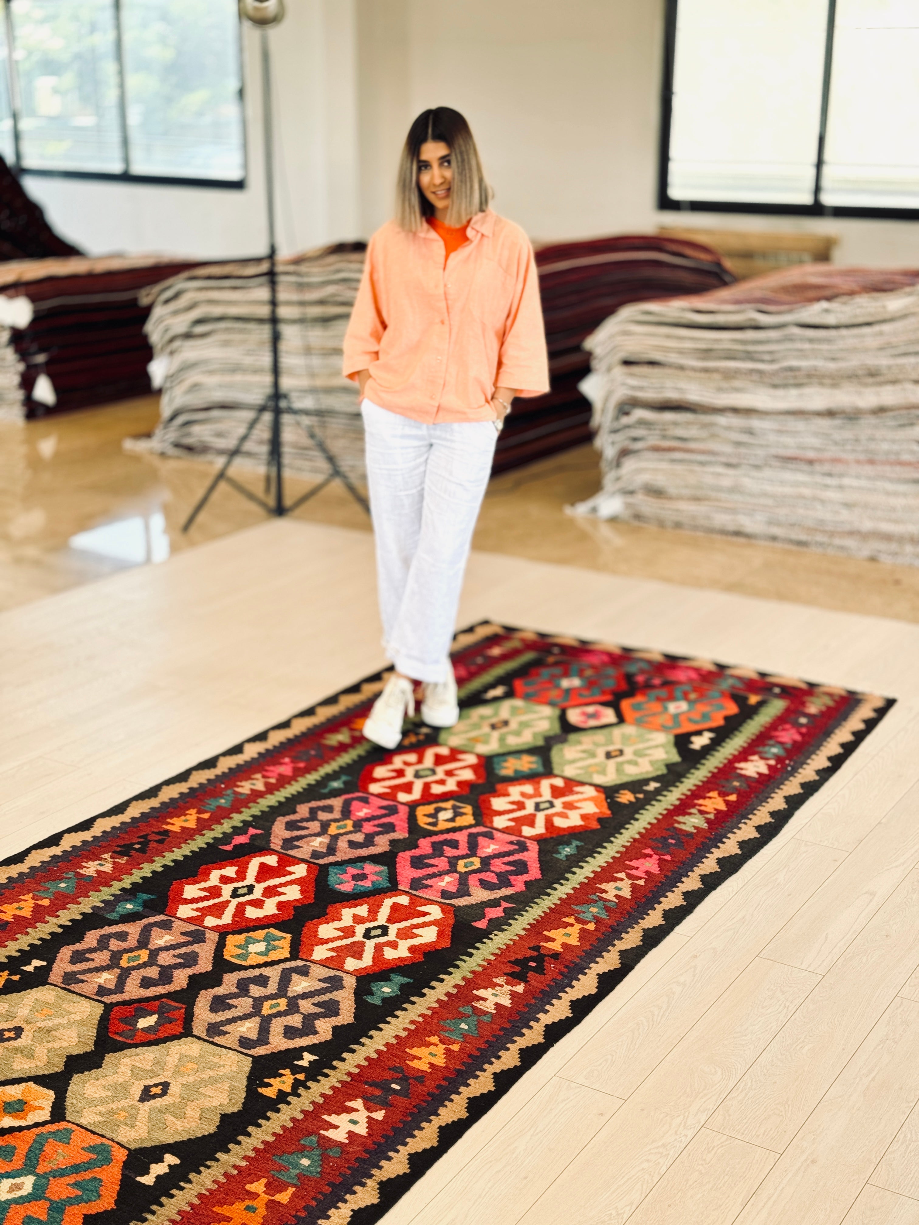 Handwoven Vintage Wool Kilim Rug – 11' 5" x 4' 9" (349 x 146 cm) - Yasi & Fara