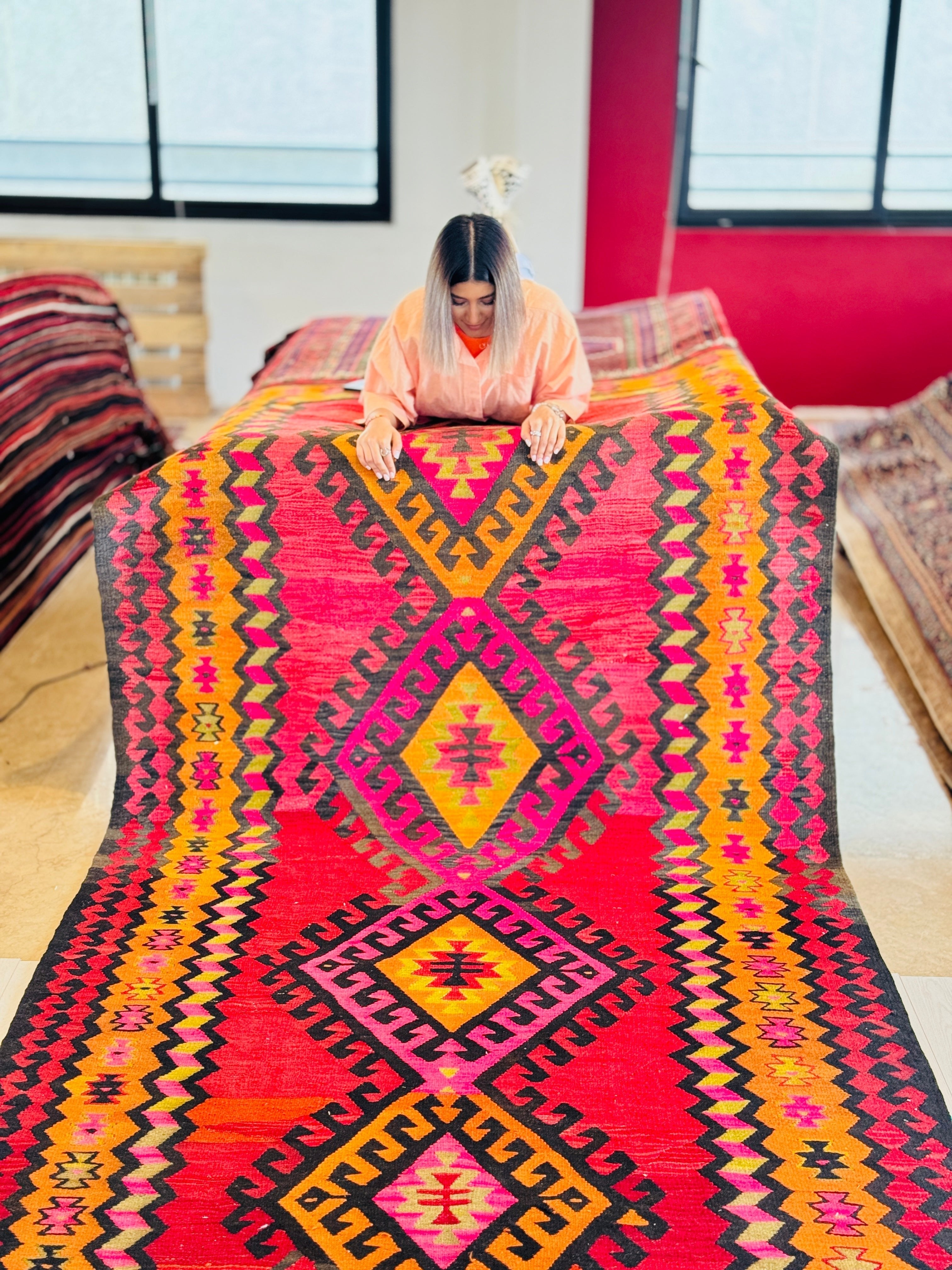 Handwoven Vintage Wool Kilim Rug – 12' 7" x 5' 6" (383 x 168 cm) - Yasi & Fara