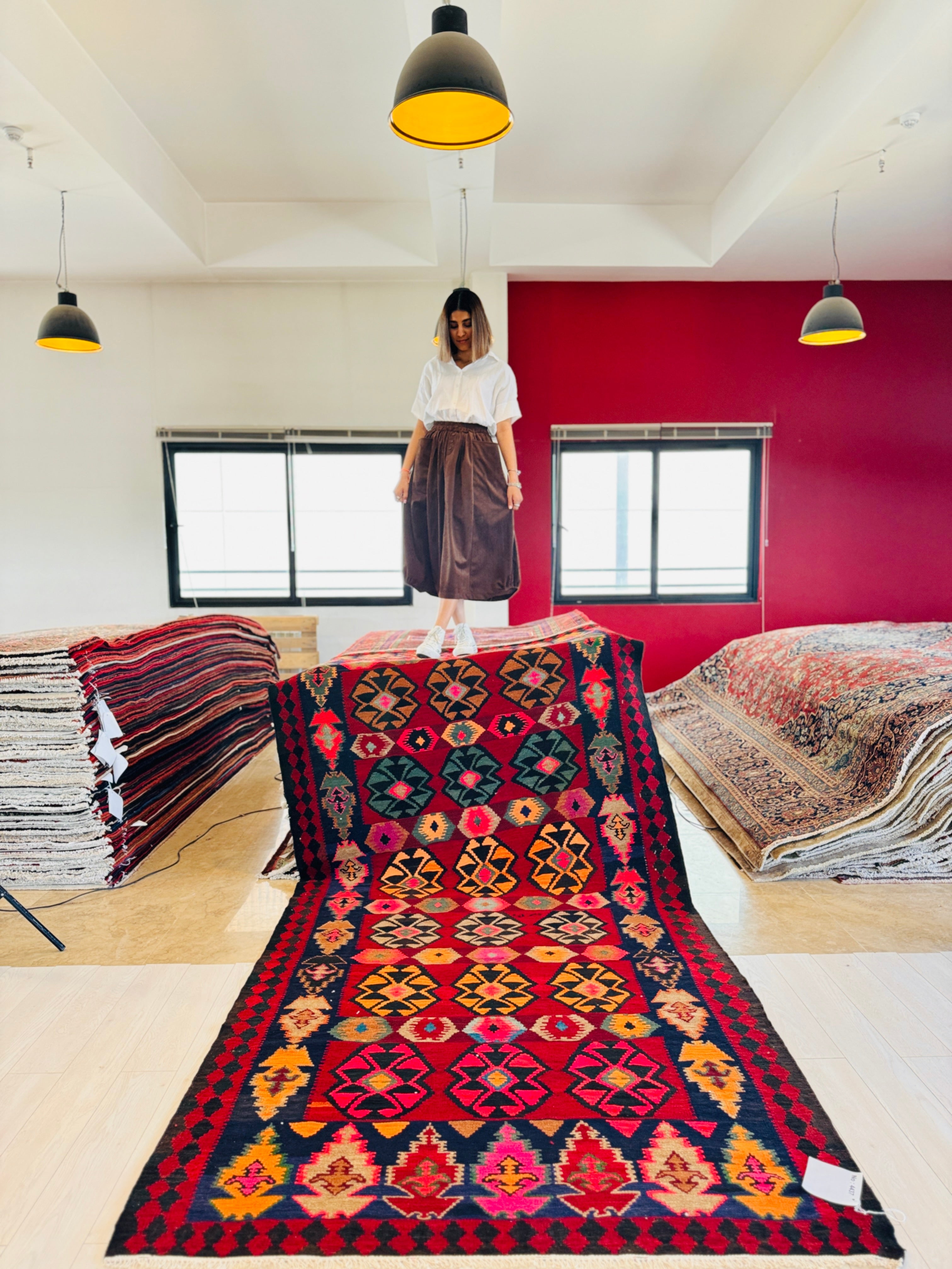 Handwoven Vintage Wool Kilim Rug – 11' 8" x 5' 1" (356 x 155 cm) - Yasi & Fara