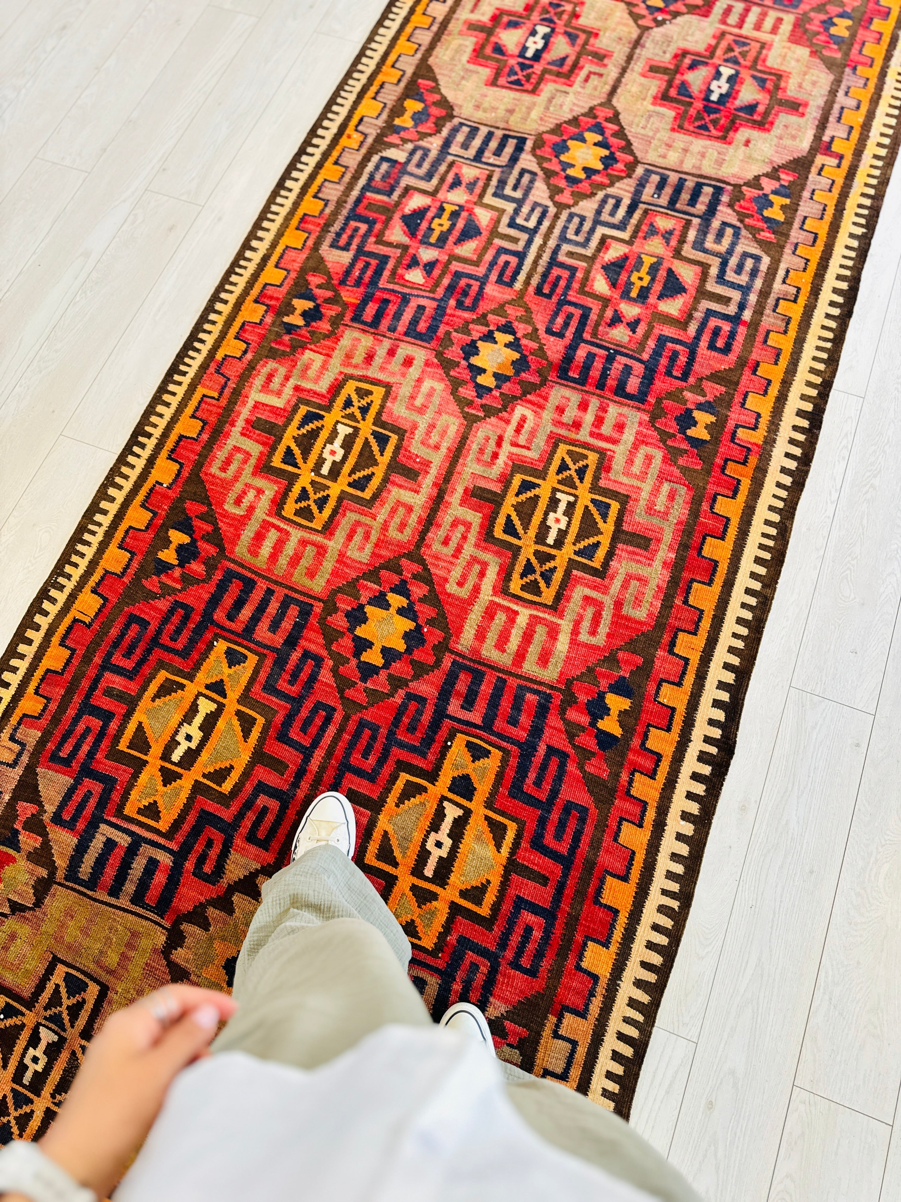 Handwoven Vintage Wool Kilim Runner Rug – 11' 4" x 4' 2" (346 × 126 cm) - Yasi & Fara