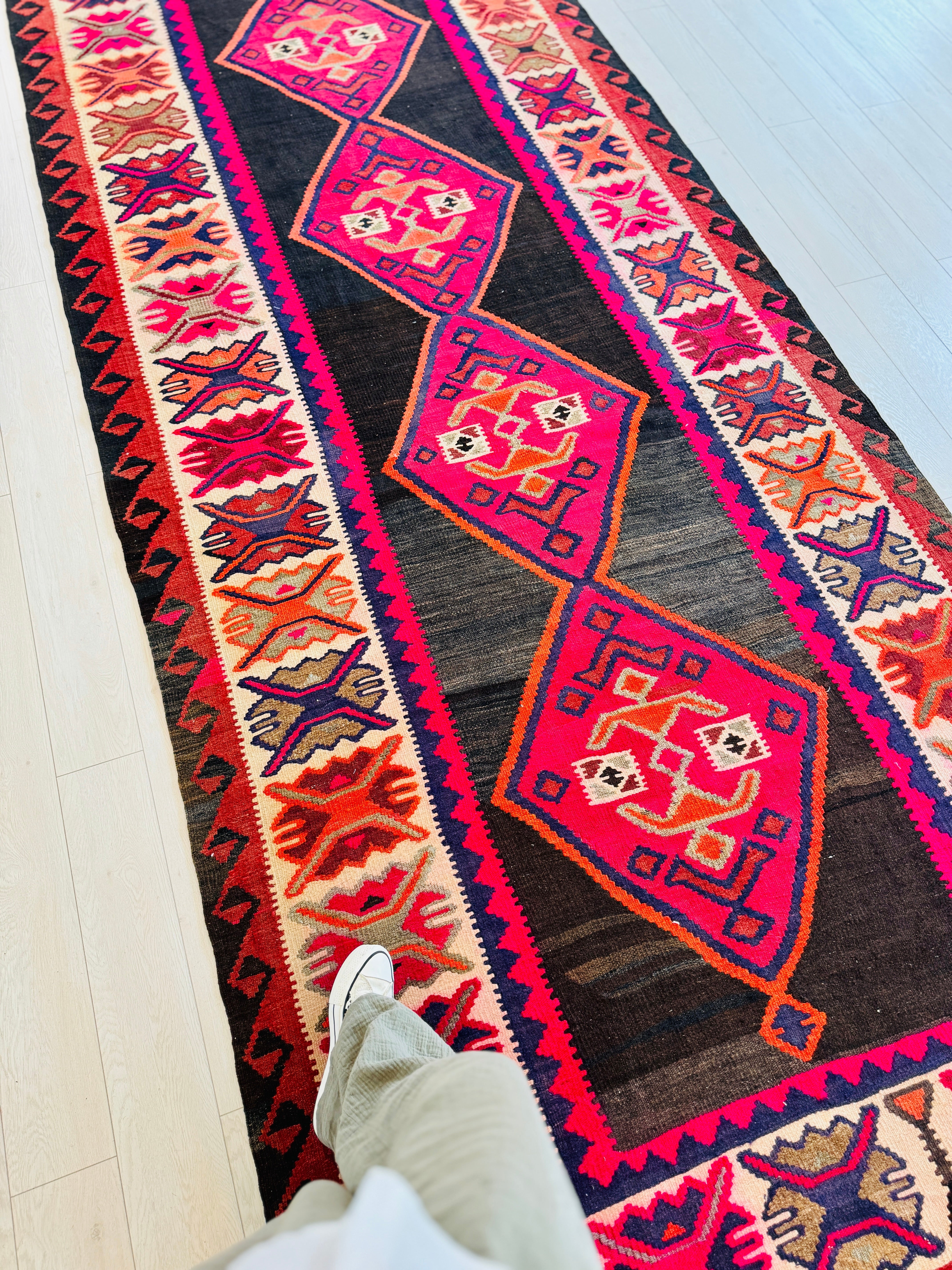Handwoven Vintage Wool Kilim Rug – 13' 2" x 5' 3" (402 × 161 cm) - Yasi & Fara