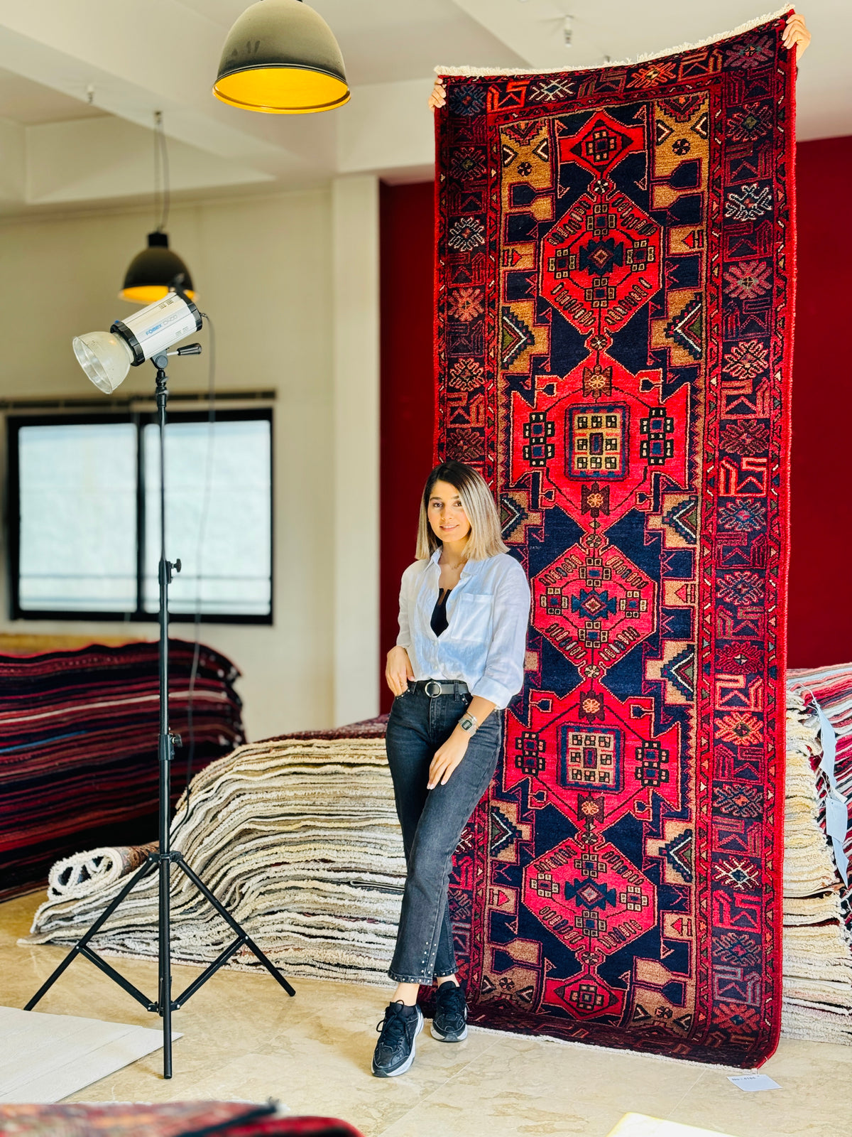 Vintage Geometric Wool Runner, Extreme Deep Navy Blue & Red, 10 ft long – 10' 1" x 3' 9" (308 x 114 cm)