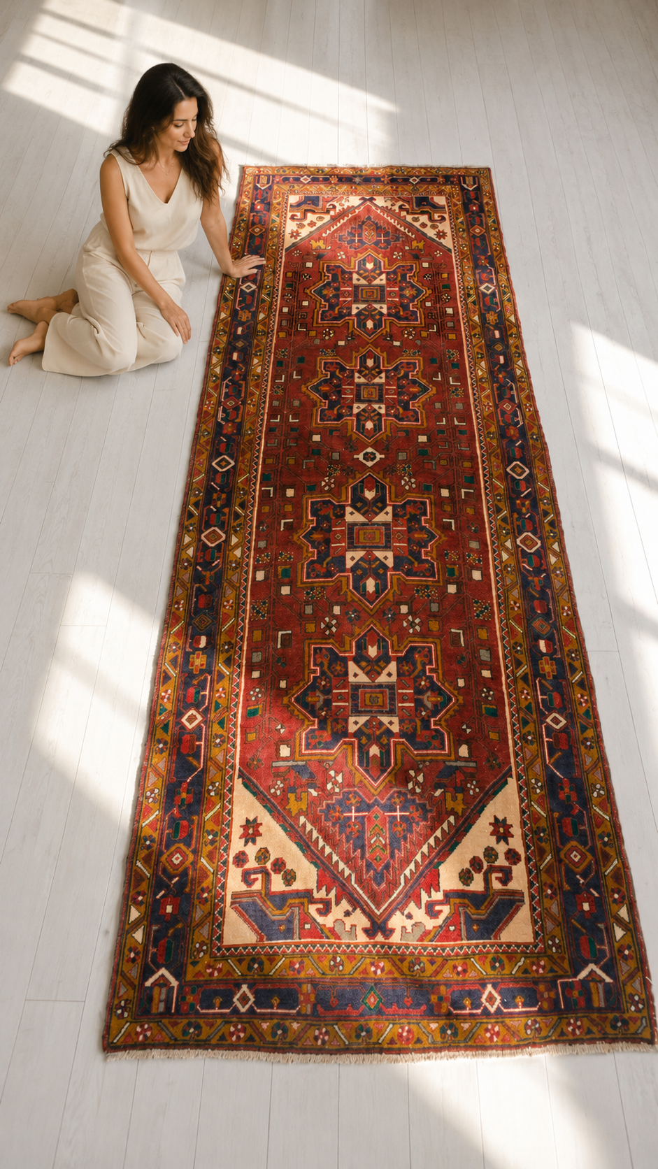 Vintage Heriz Wool Runner, Muted Rust Red, 10 ft long – 10' 5" x 3' 10" (318 x 117 cm)
