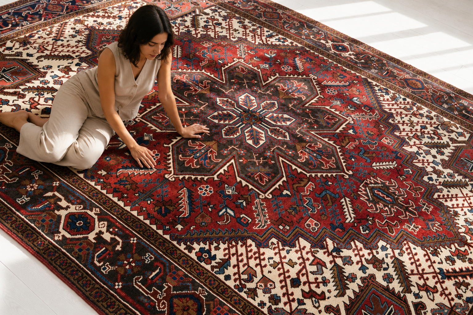 Hand-Knotted Vintage Wool Large Area Rug – 9' x 6' 9" (273 x 207 cm) - Yasi & Fara