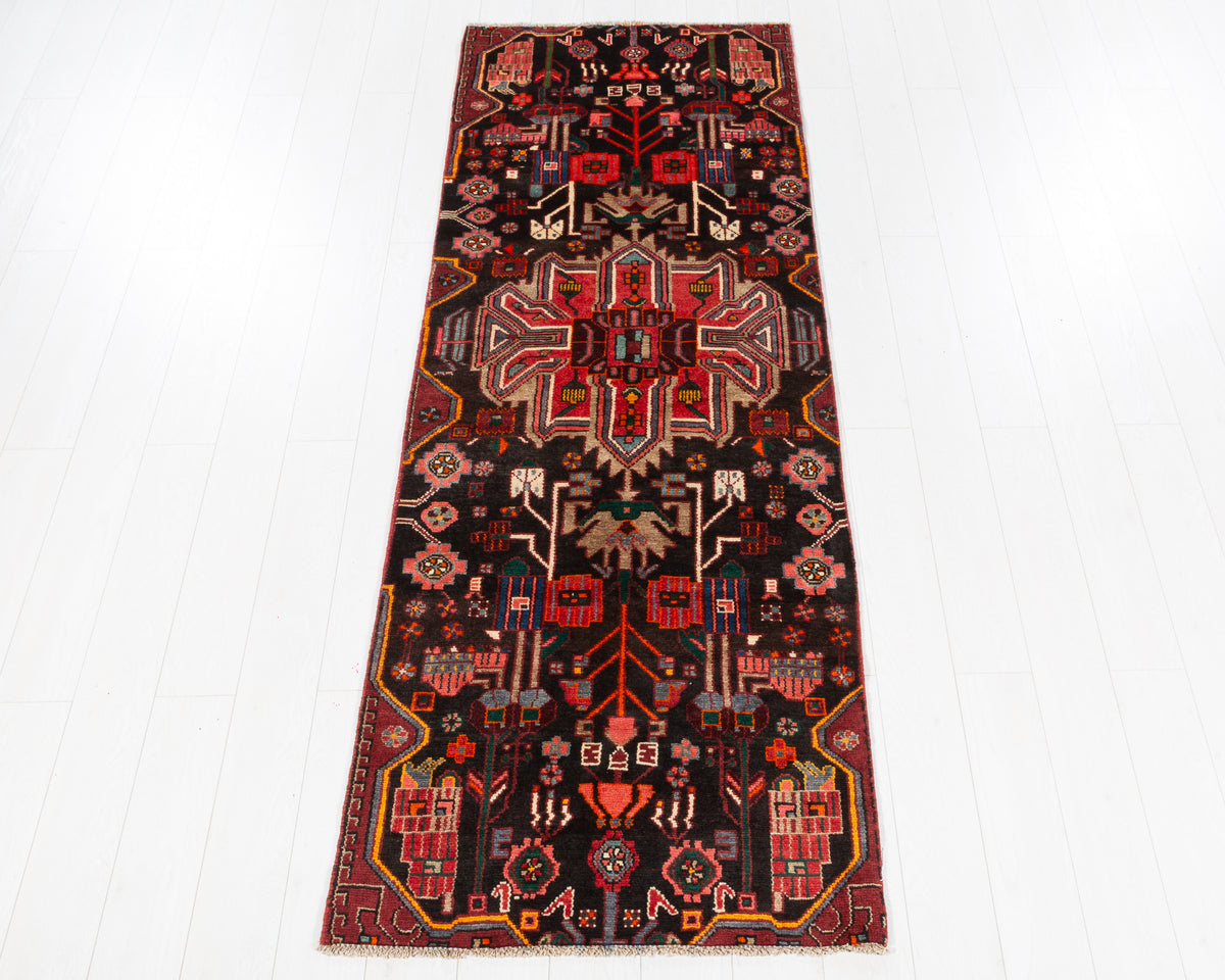 Vintage Toiserkan black and red tribal geometric wool runner rug SKU 5197