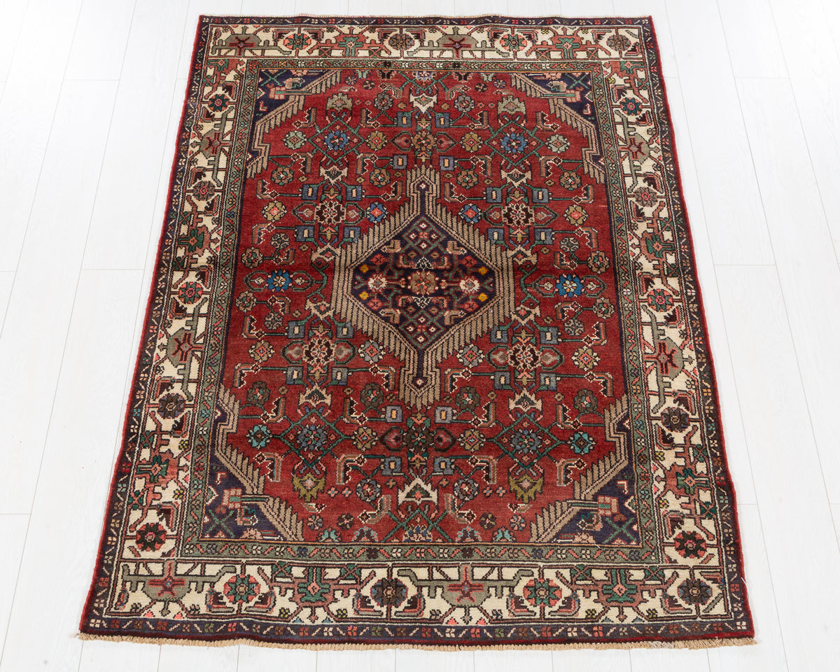 Vintage Hamadan Rust red, beige hand-knotted wool rug, SKU 5601