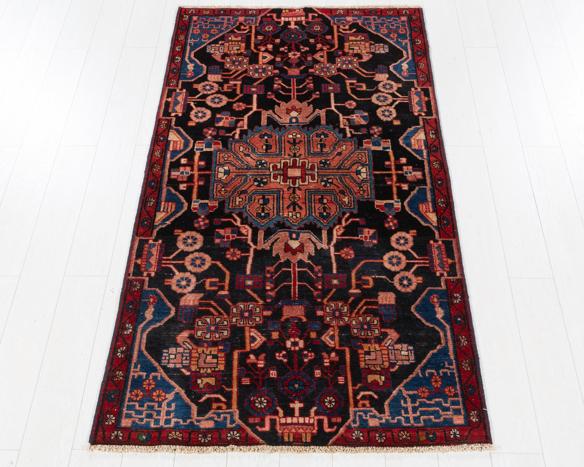 Vintage Nahavand Deep navy blue, rust red hand-knotted wool rug, SKU 5610
