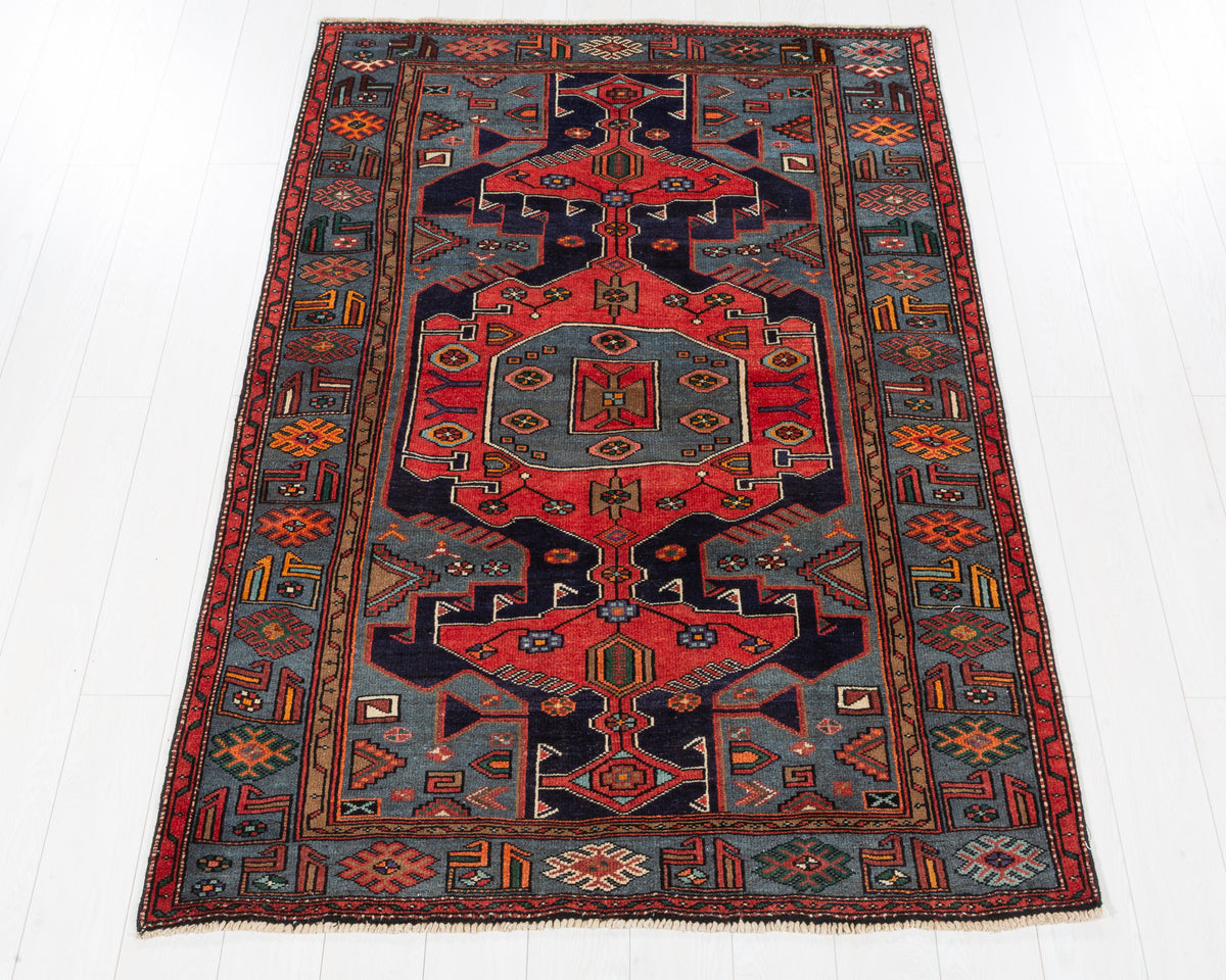 Vintage Tarom Red, navy blue, turquoise blue hand-knotted wool rug, SKU 5613