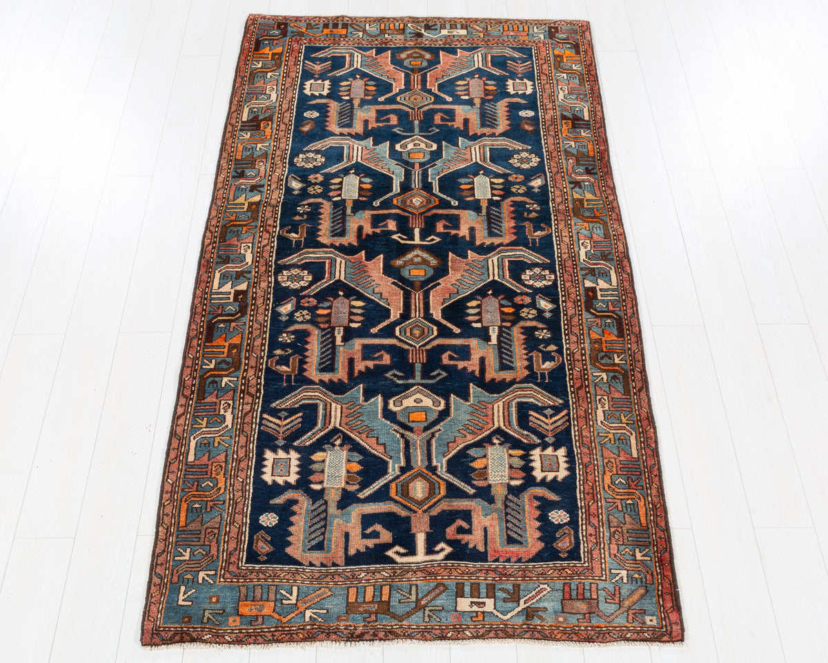 Vintage Tarom Deep navy blue, turquoise blue, rust red hand-knotted wool rug, SKU 5615