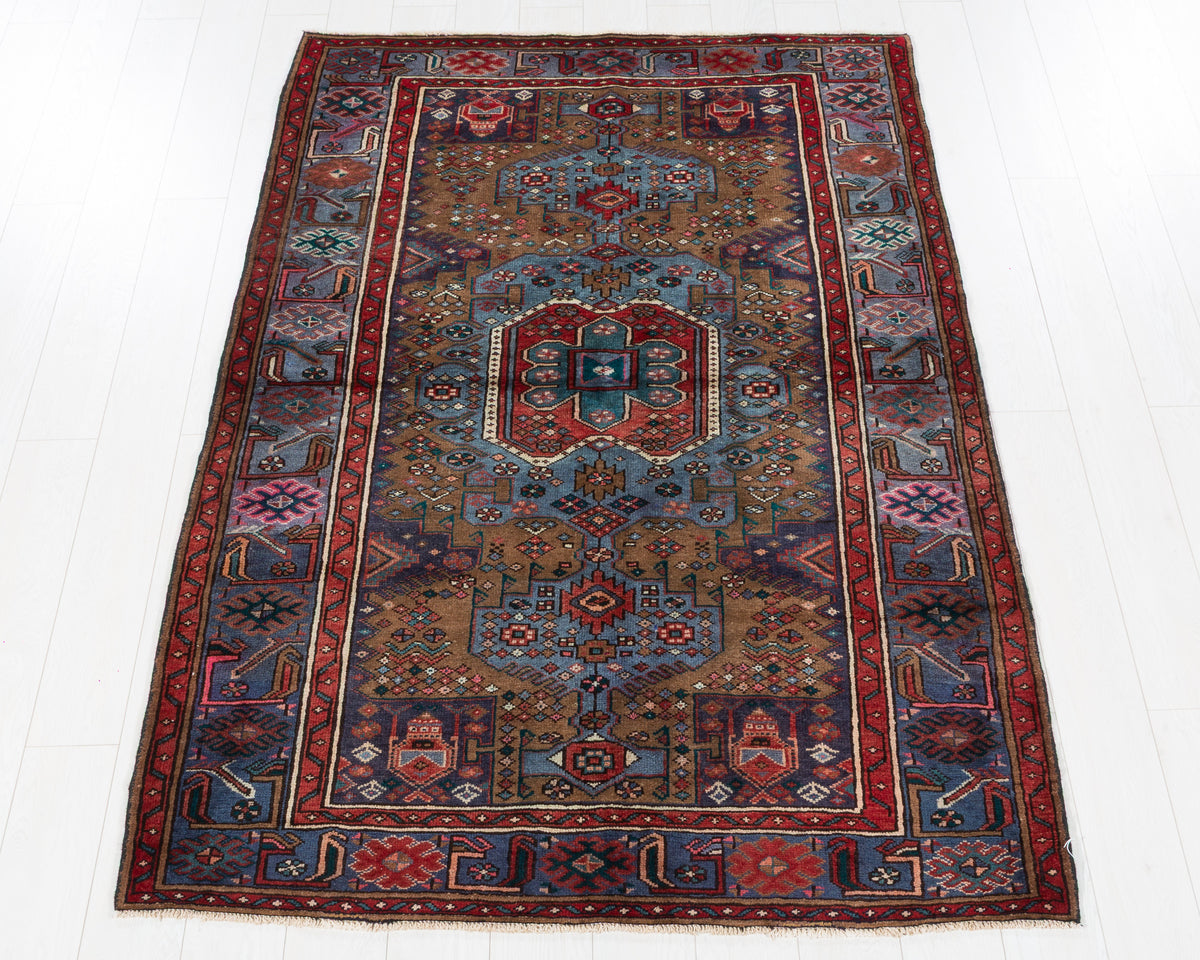 Vintage Zanjan Brown, turquoise blue hand-knotted wool rug, SKU 5619