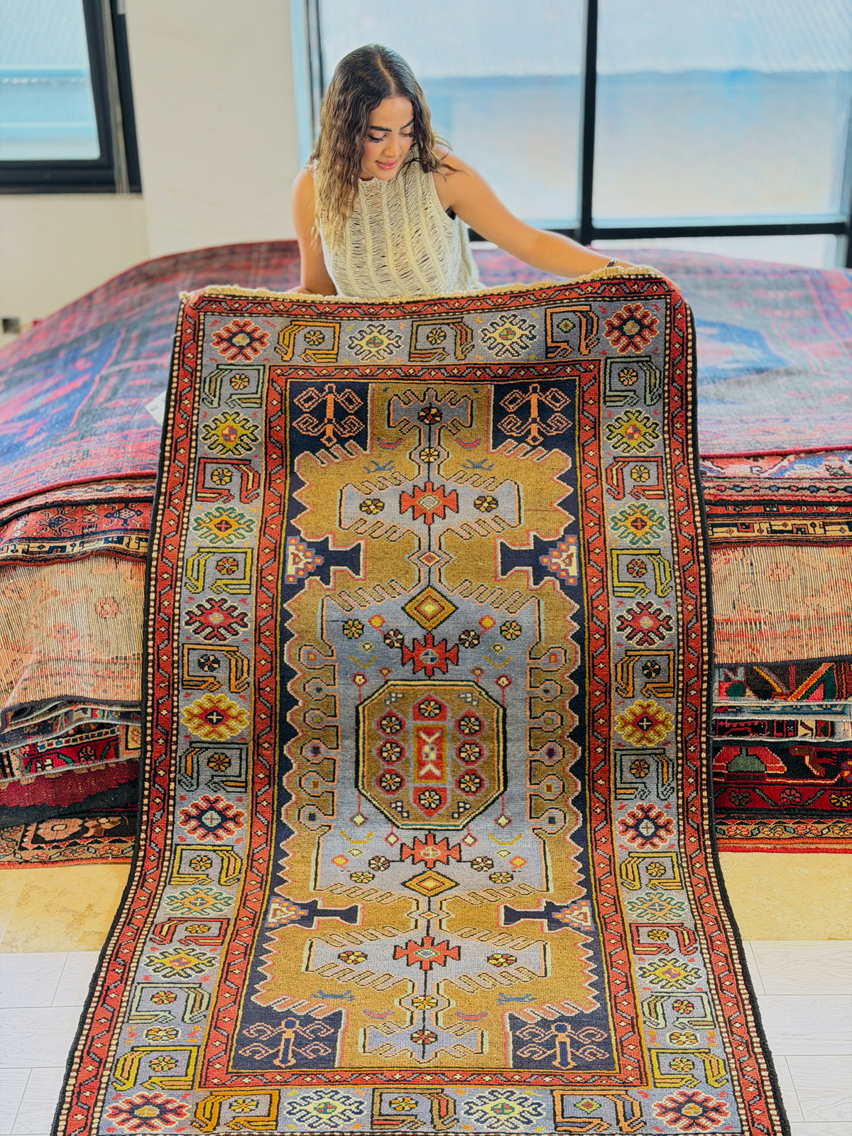 Collectible Vintage Brown, Turquoise Blue Geometric Medallion Area Rug – 6' 6" x 3' 8" (198 x 113 cm)