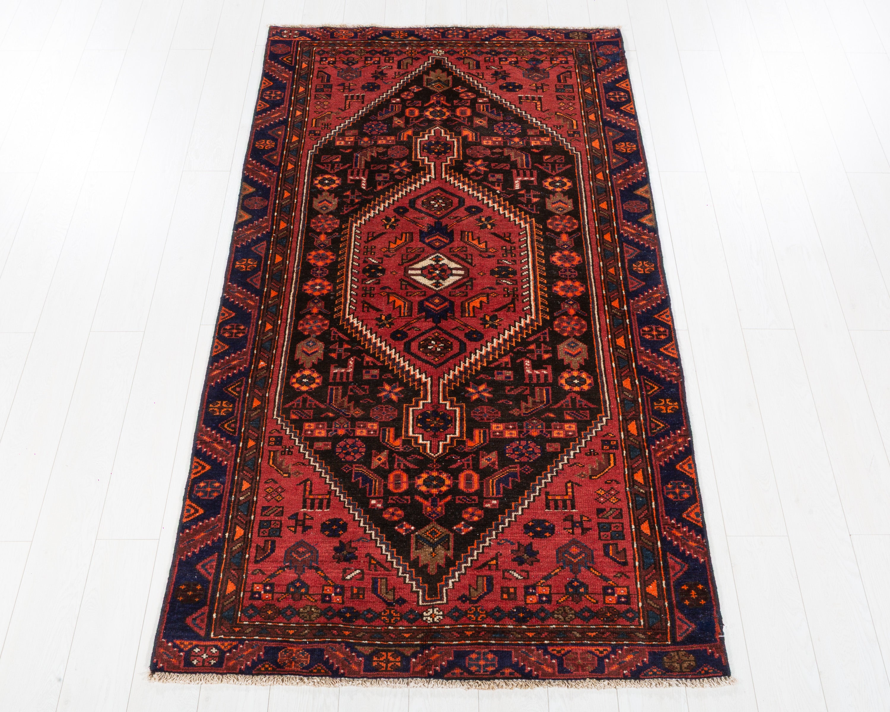 Vintage Zanjan Black, Rust Red hand-knotted wool rug, SKU 5652