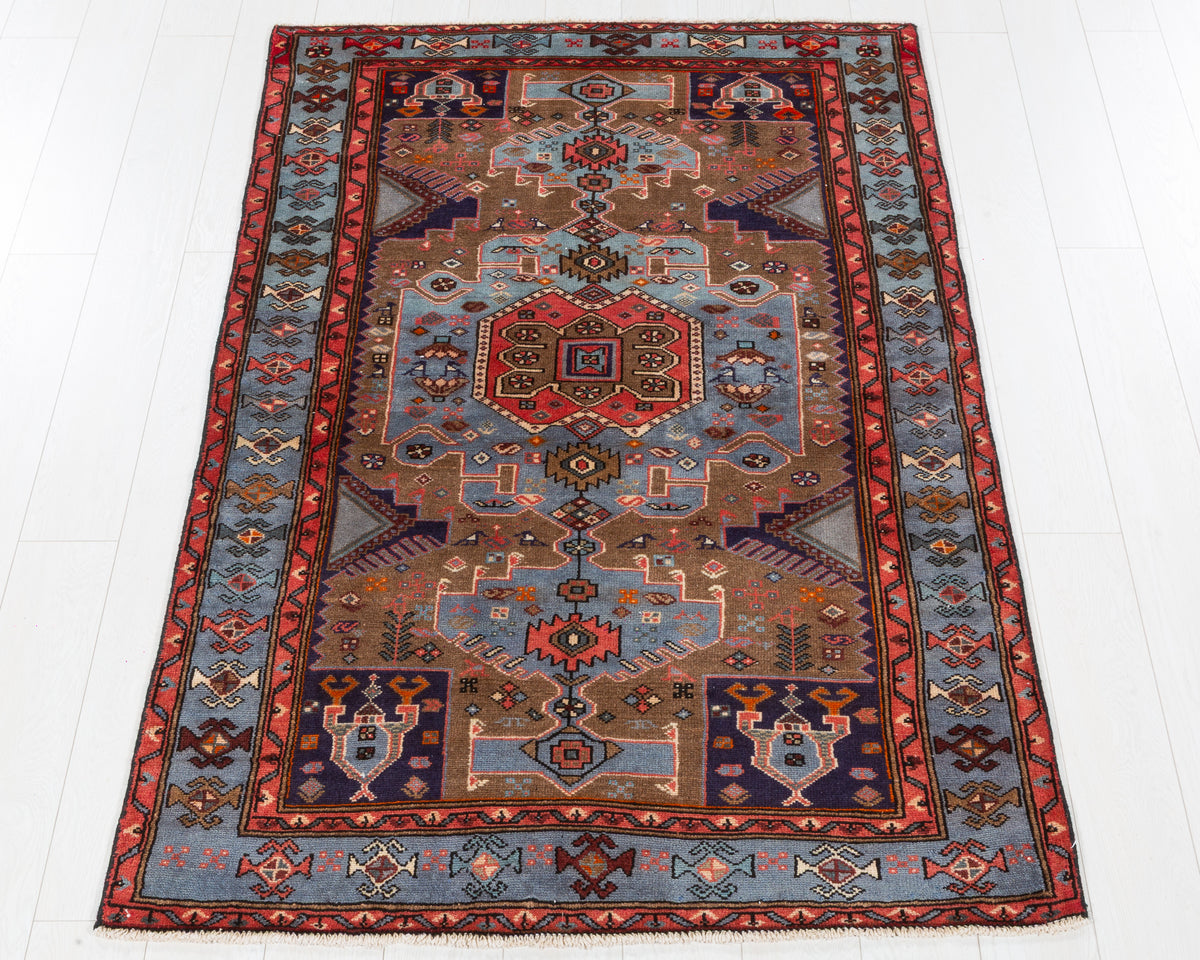 Collectible Vintage Tarom Brown, Turquoise Blue hand-knotted wool rug, SKU 5661