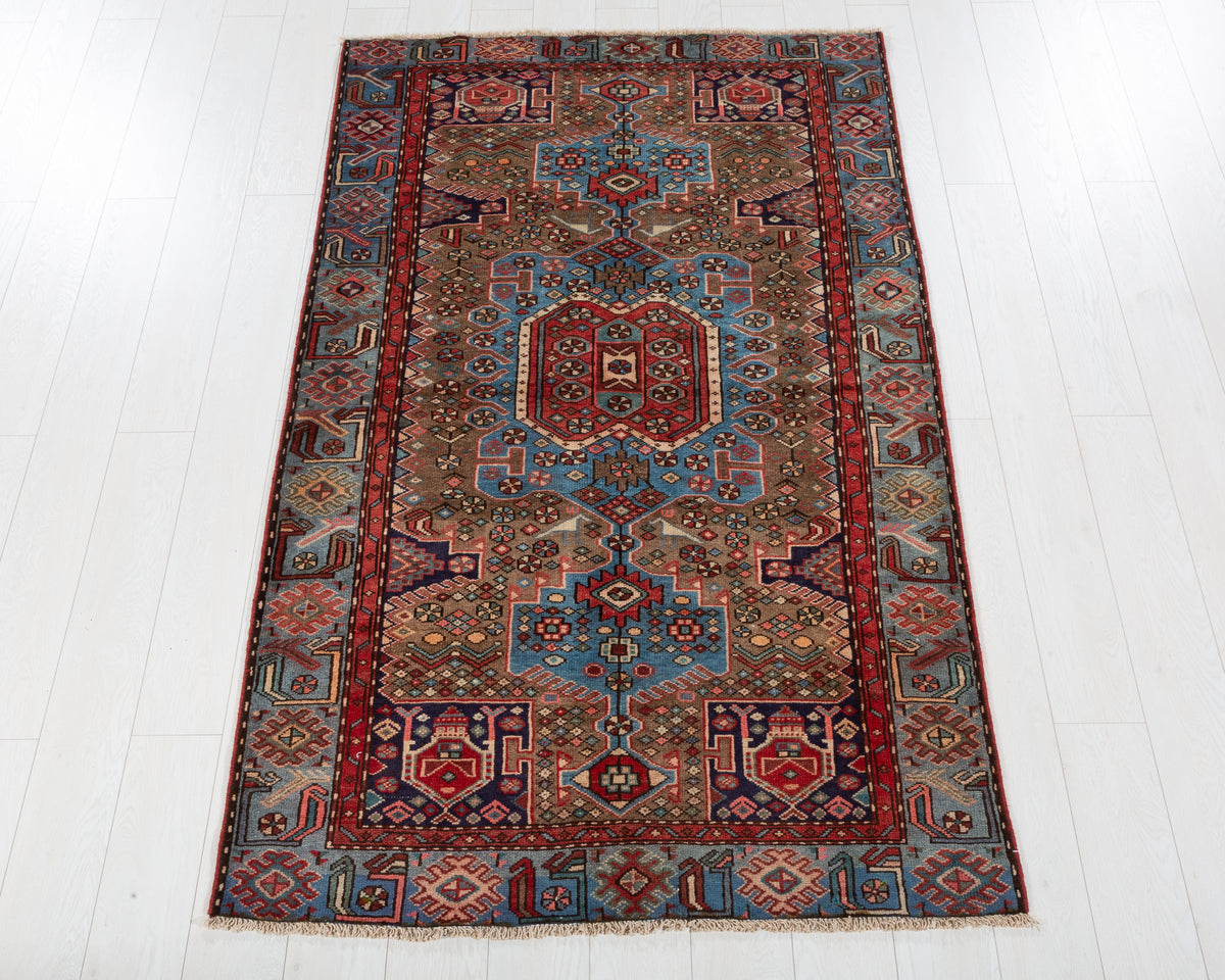 Collectible Vintage Tarom Brown, Turquoise Blue hand-knotted wool rug, SKU 5676
