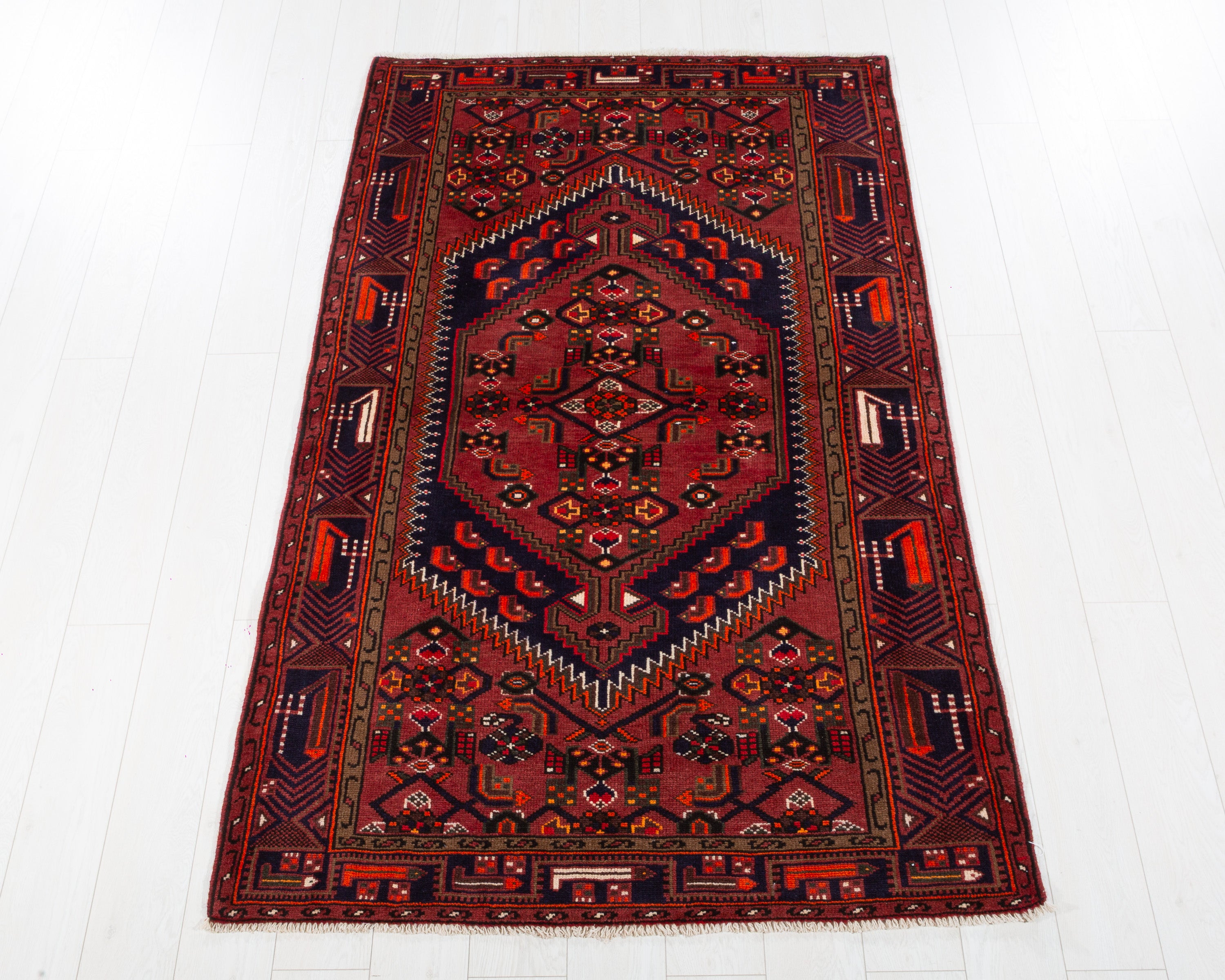 Vintage Zanjan Rust Red, Navy Blue hand-knotted wool rug, SKU 5680