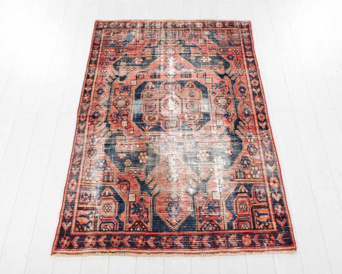 Collectible Vintage Malayer Faded Red, Navy Blue hand-knotted wool rug, SKU 5699