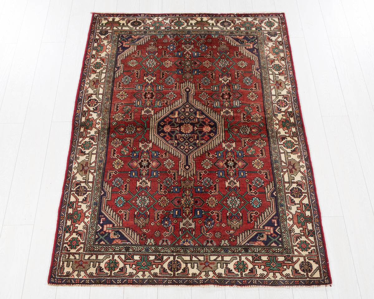 Collectible Vintage Hamadan Rust Red, Beige hand-knotted wool rug, SKU 5714