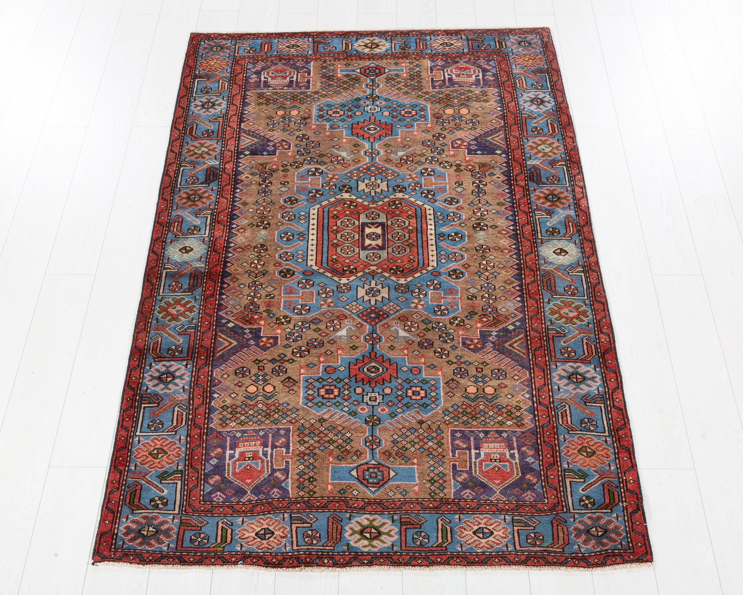 Collectible Vintage Tarom Brown, Turquoise Blue hand-knotted wool rug, SKU 5717