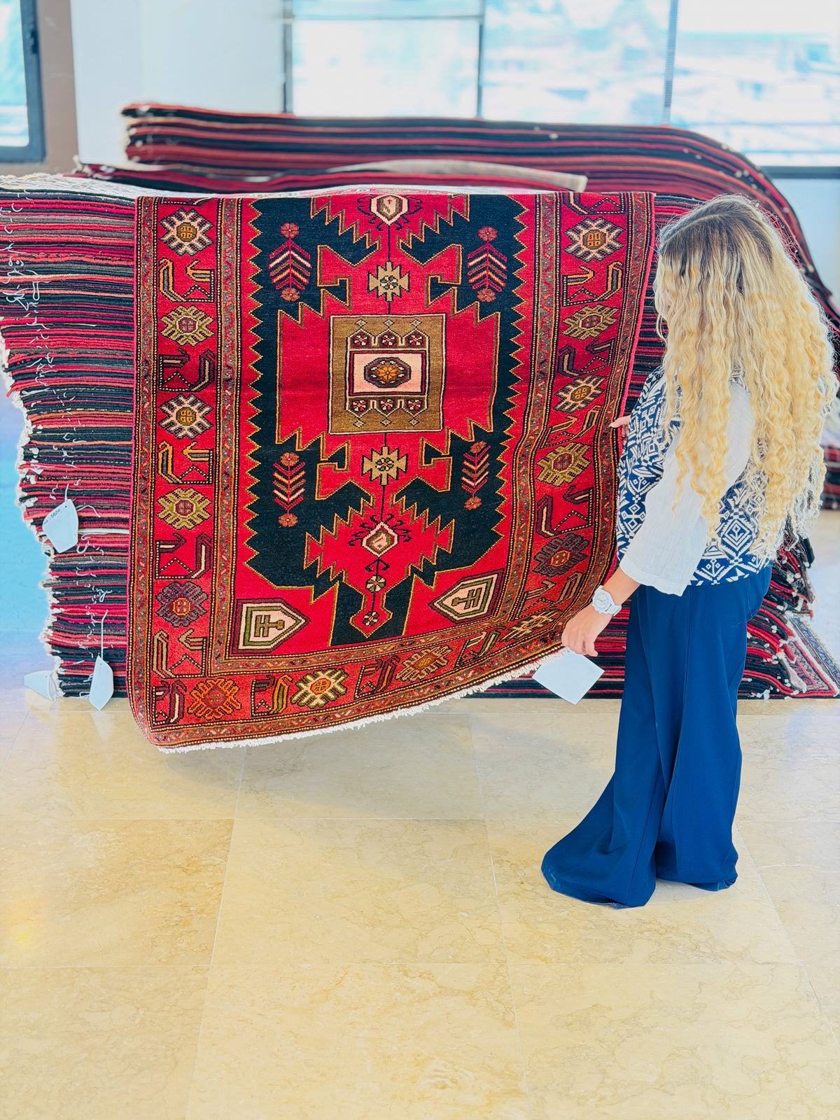 Collectible Vintage Red, Intense Deep Navy Blue Geometric Medallion Area Rug – 6' 4" x 4' 4" (193 x 131 cm)
