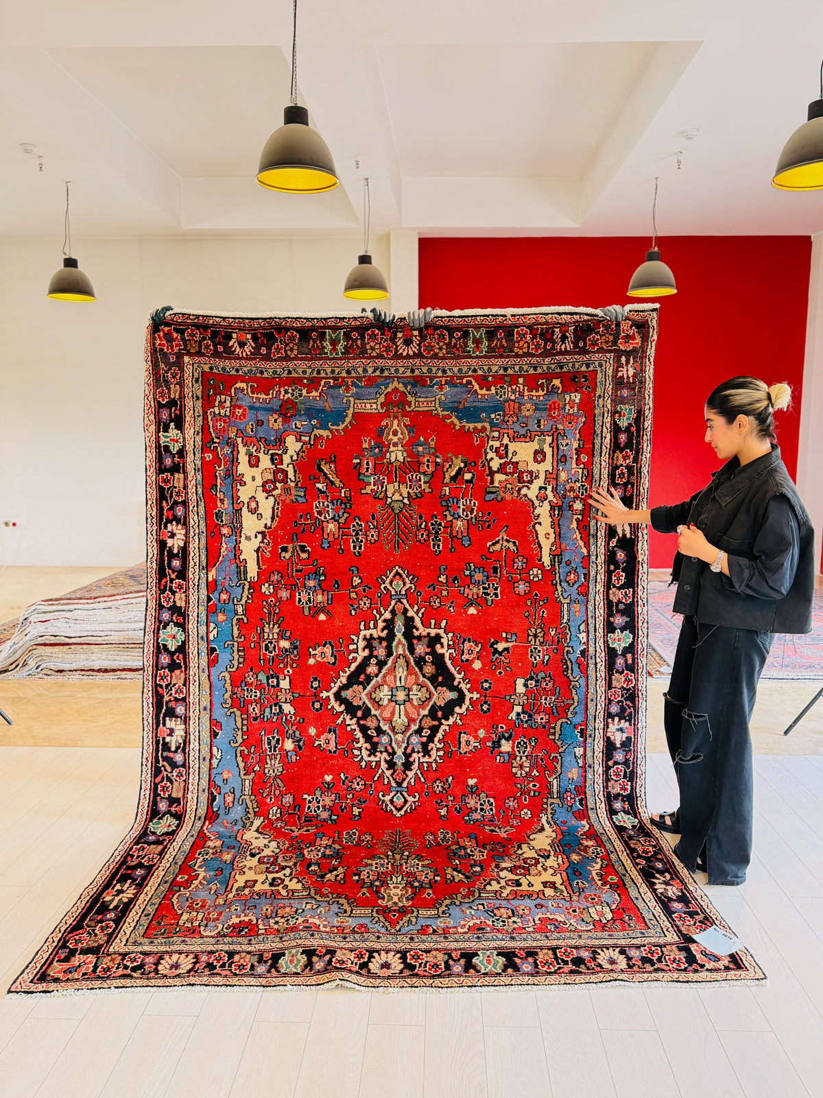 Vintage Red and Light Blue Floral Rug – 9' 7" x 6' 7" (291 x 200 cm)
