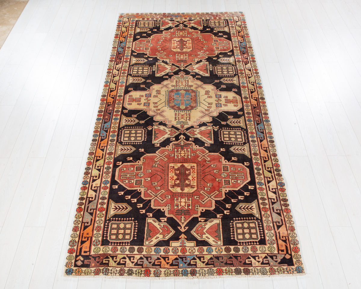 Vintage Azerbaijan Deep navy blue, coral and beige hand-knotted wool rug, SKU 6107