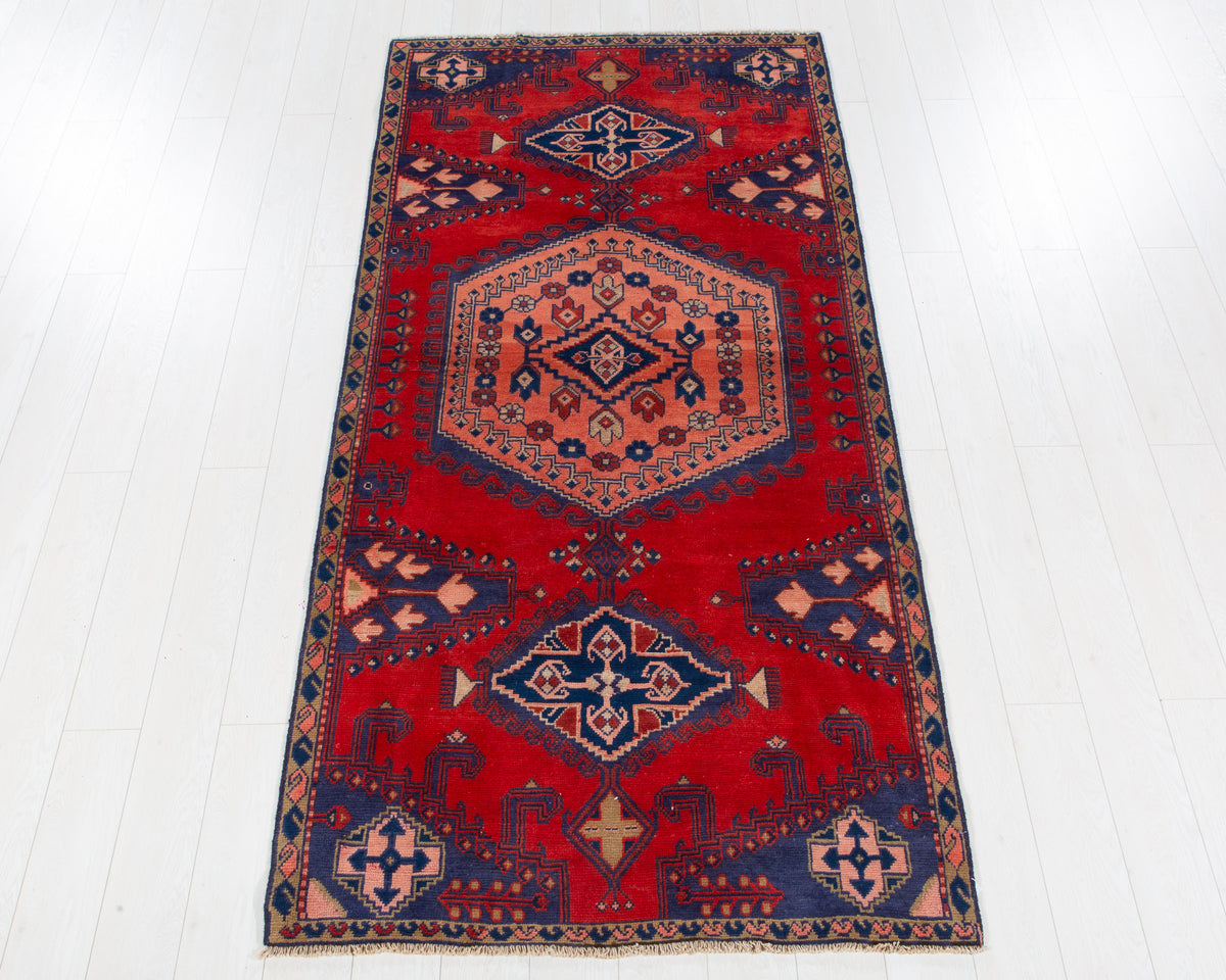 Vintage Viss Orange red, blue and pink hand-knotted wool rug, SKU 6110