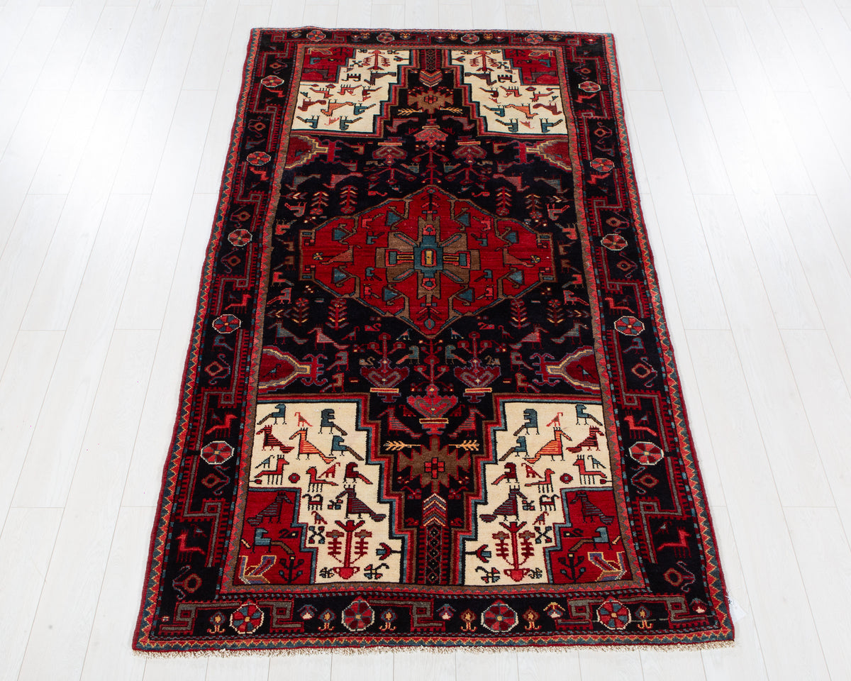 Vintage Nahavand Deep navy blue, red and beige hand-knotted wool rug, SKU 6115