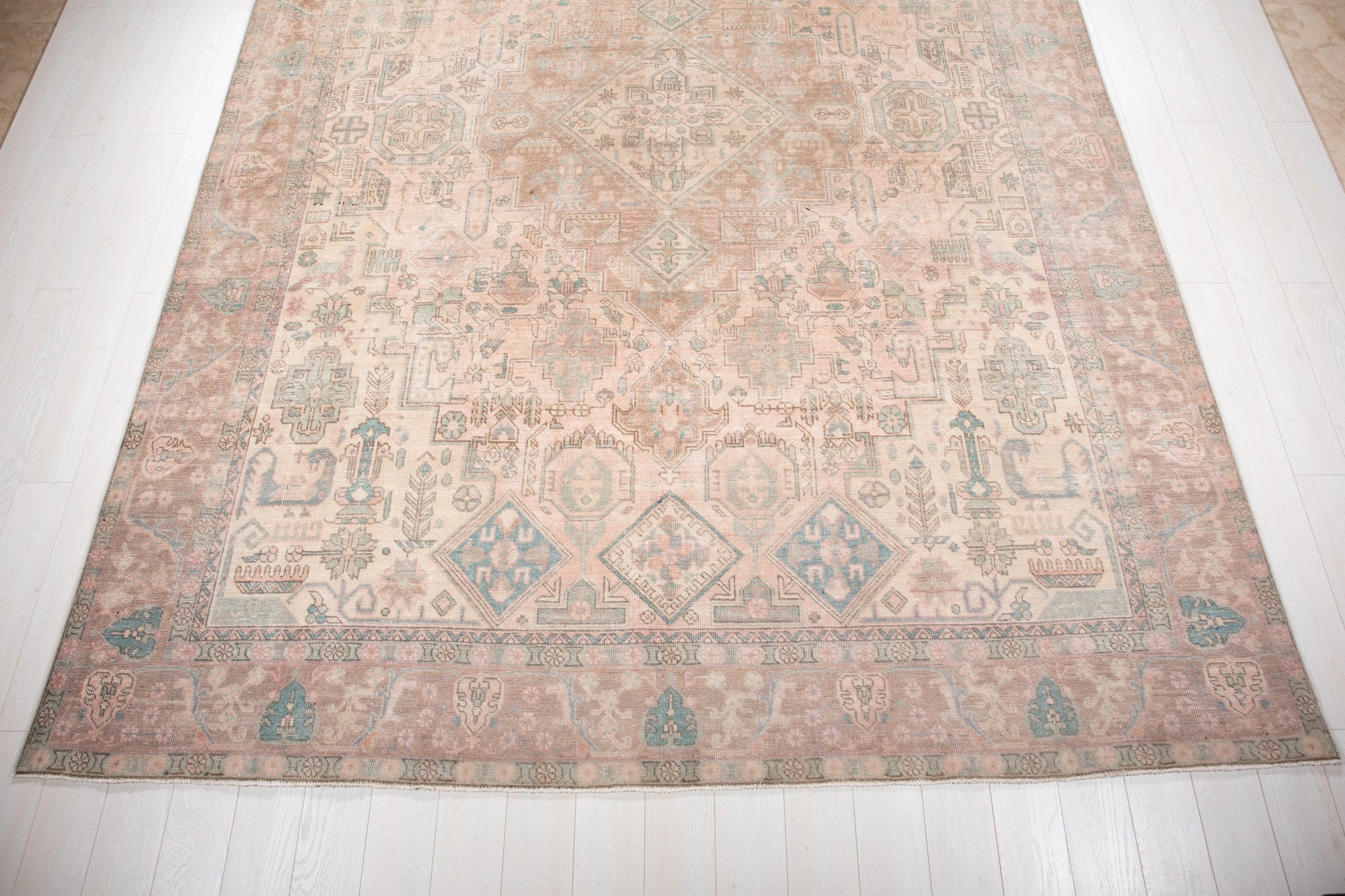 Hand-Knotted Vintage Large Wool Area Rug Faded – 12' 7" x 9' 1" (384 x 278 cm) - Yasi & Fara