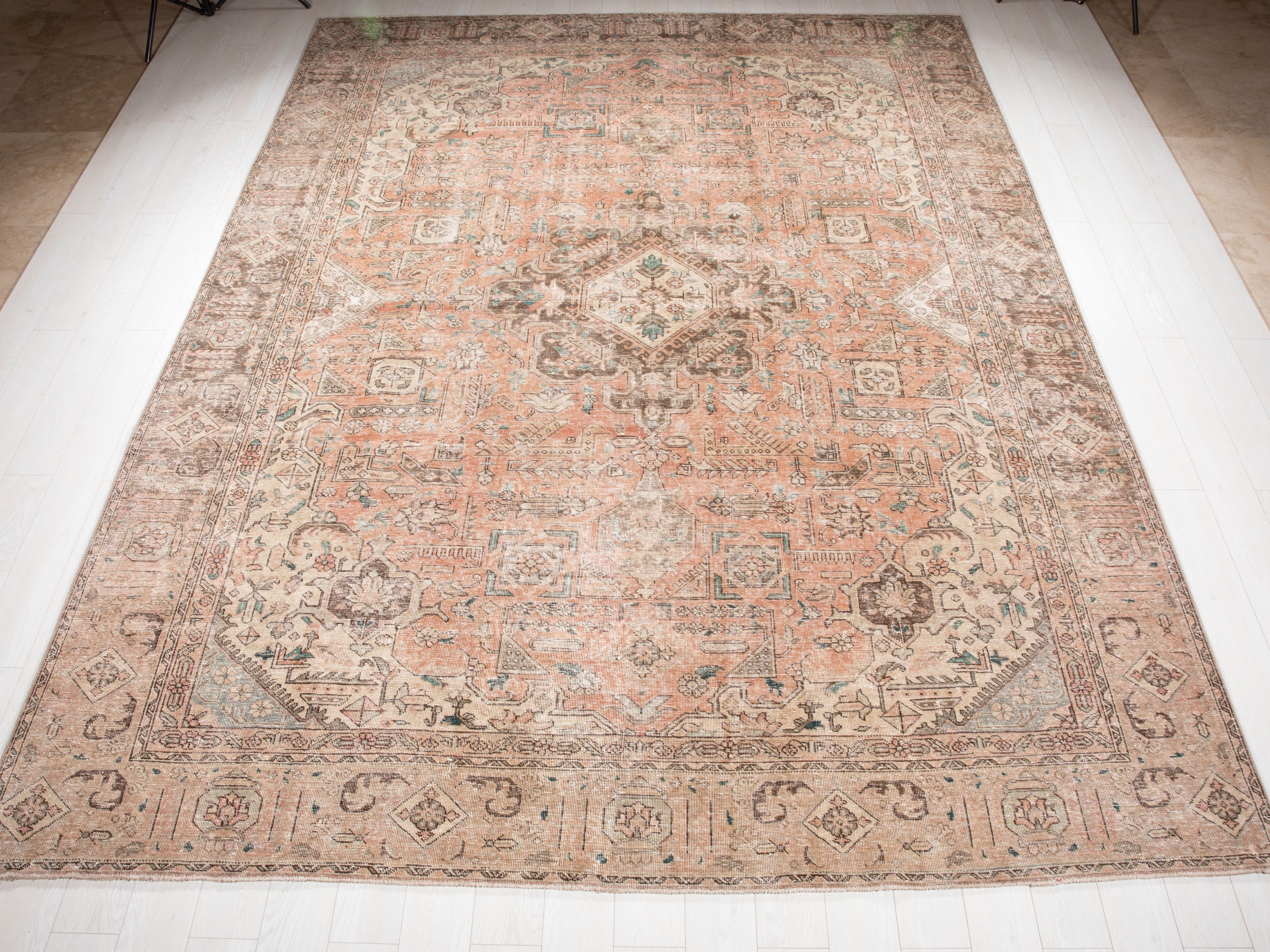 Hand-Knotted Vintage Large Wool Area Rug Faded – 12' 5" x 9' 3" (378 x 283 cm) - Yasi & Fara