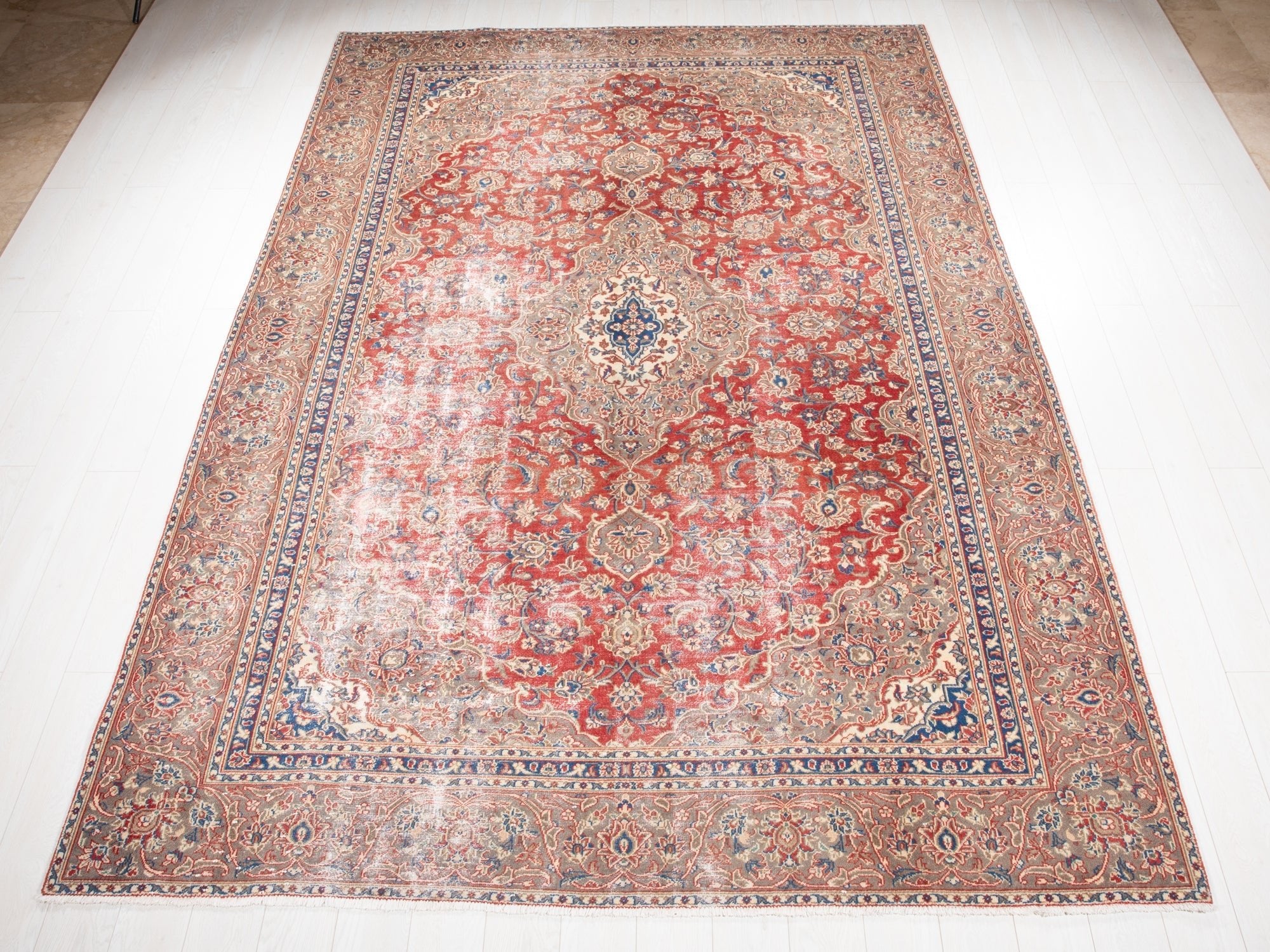 Hand-Knotted Vintage Large Wool Area Rug Faded – 10' 11" x 7' 7" (332 x 231 cm) - Yasi & Fara