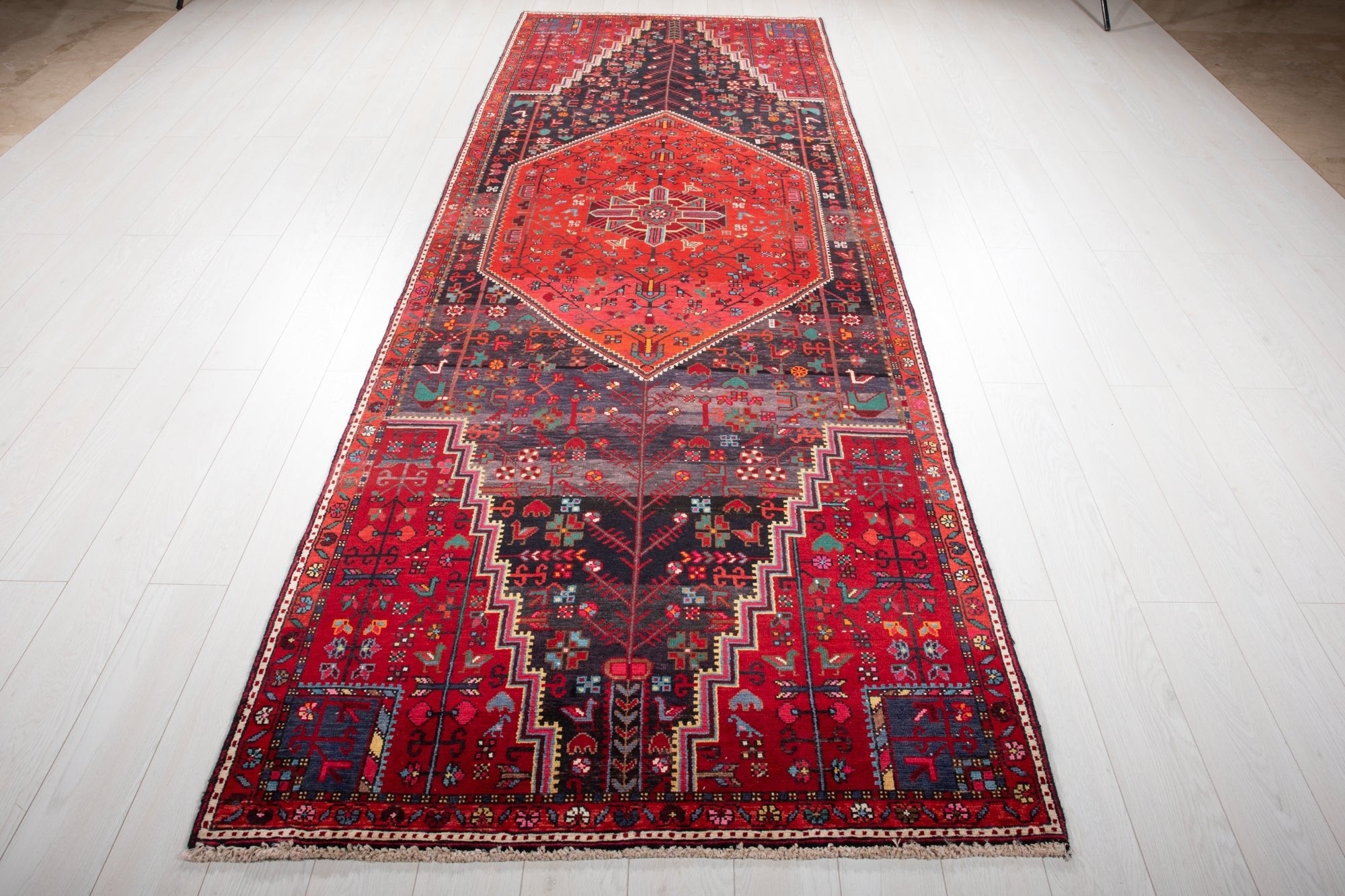 Hand-Knotted Vintage Wool Area Rug – 11' 5" x 4' 3" (349 x 129 cm - Yasi & Fara