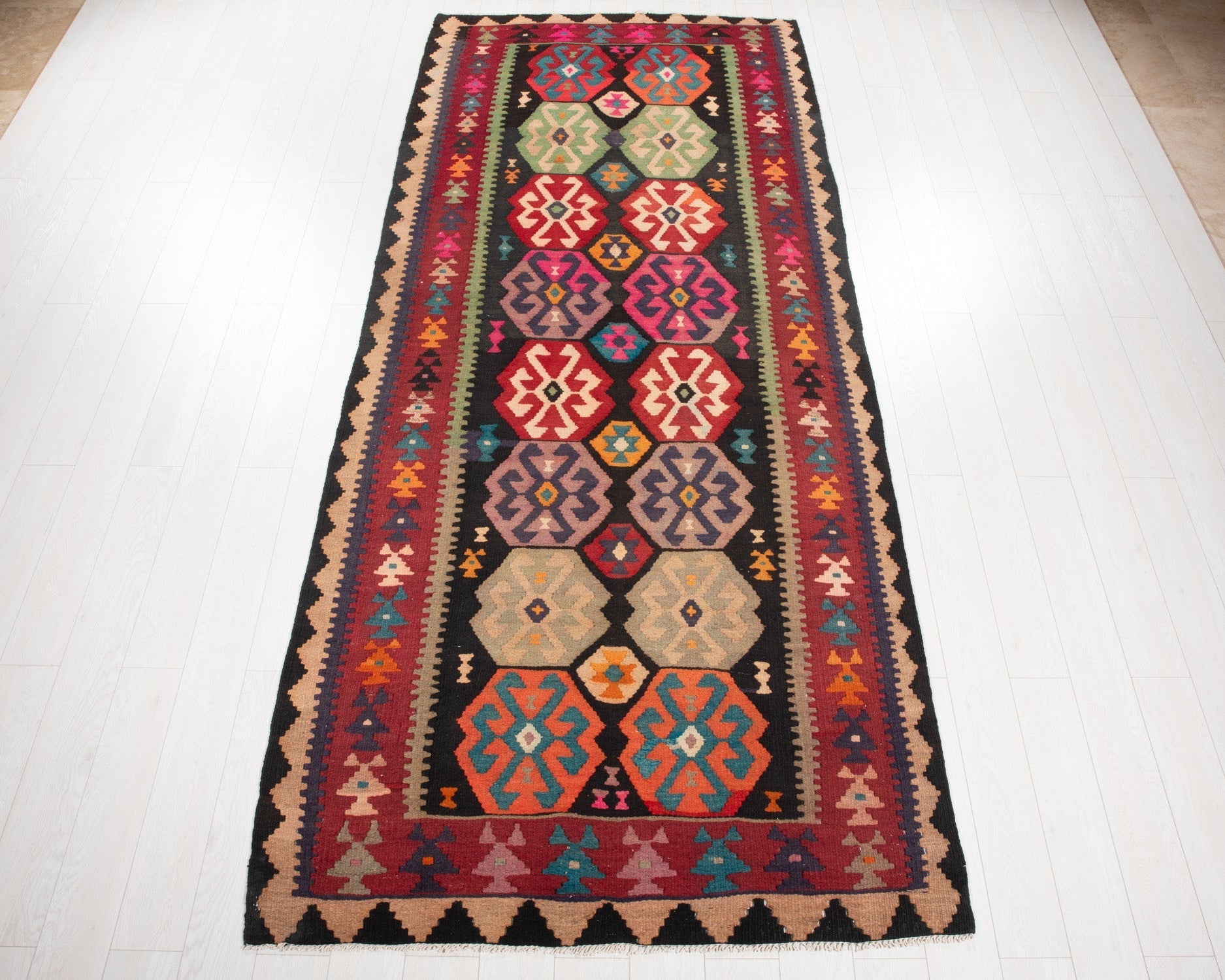 Handwoven Vintage Wool Kilim Rug – 11' 5" x 4' 9" (349 x 146 cm) - Yasi & Fara