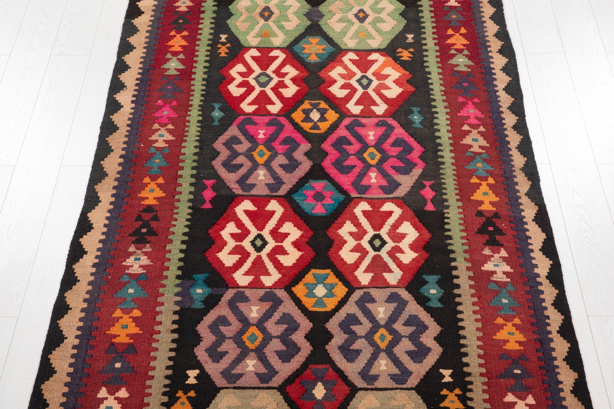 Handwoven Vintage Wool Kilim Rug – 11' 5" x 4' 9" (349 x 146 cm) - Yasi & Fara