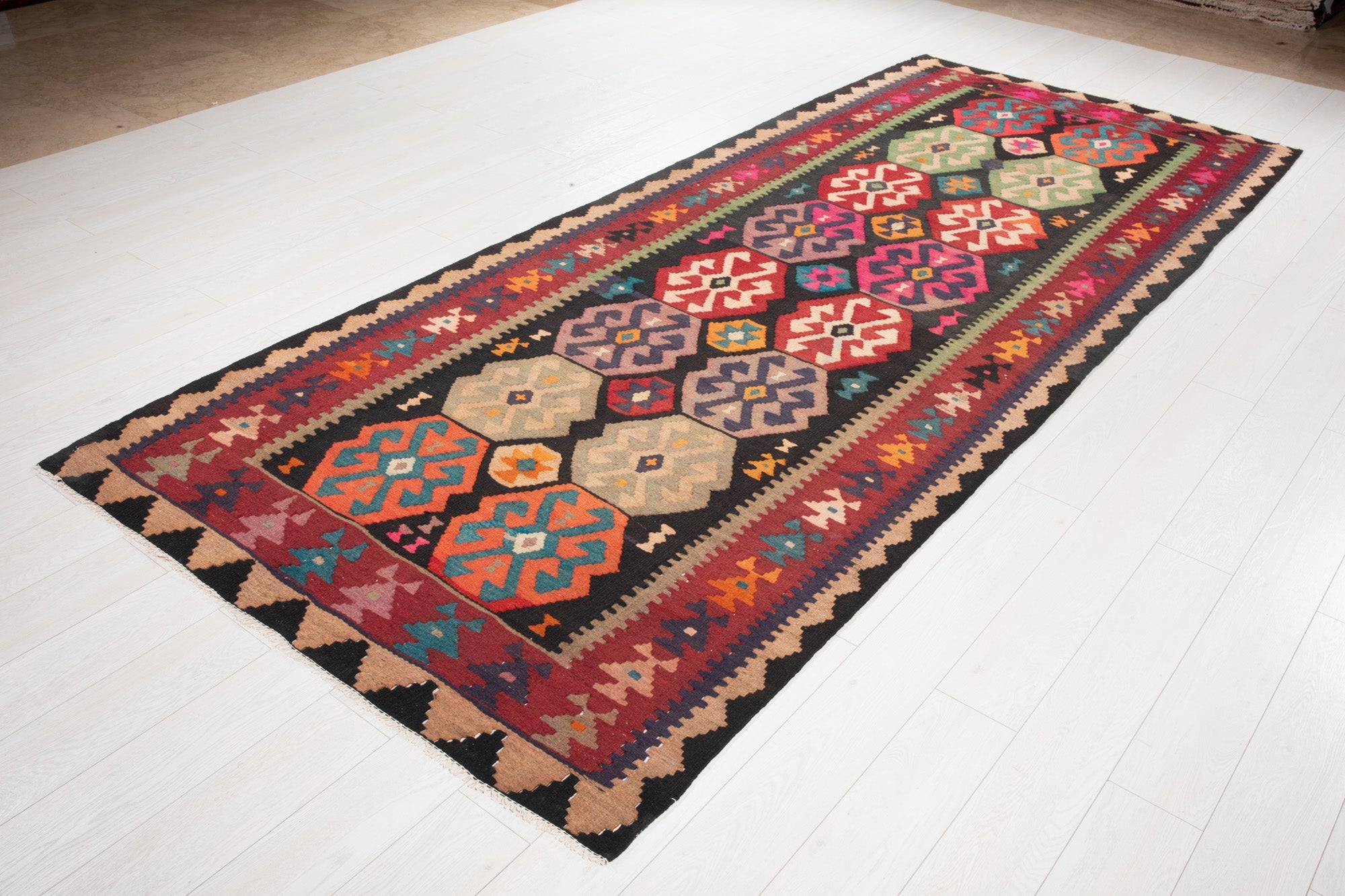 Handwoven Vintage Wool Kilim Rug – 11' 5" x 4' 9" (349 x 146 cm) - Yasi & Fara