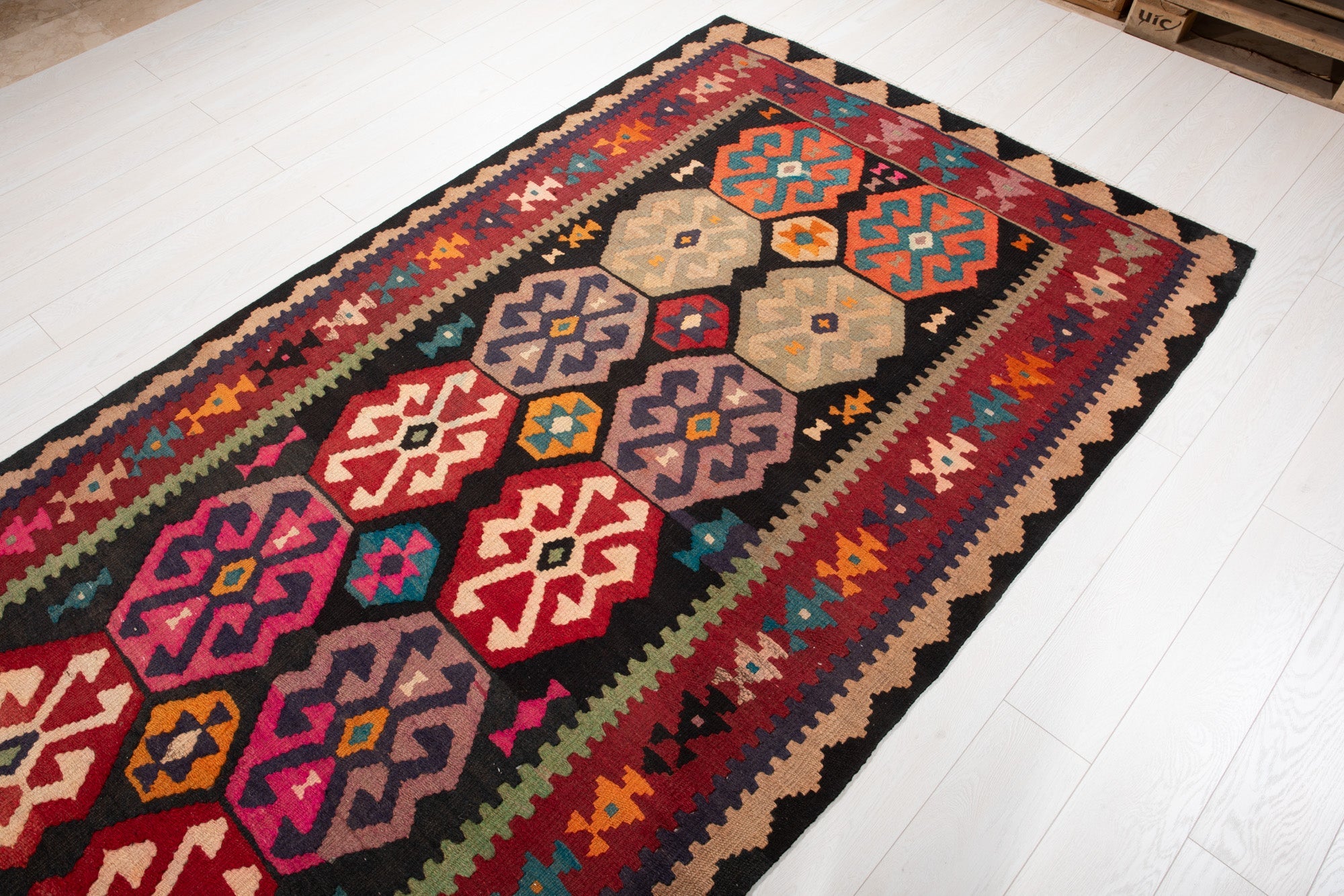 Handwoven Vintage Wool Kilim Rug – 11' 5" x 4' 9" (349 x 146 cm) - Yasi & Fara