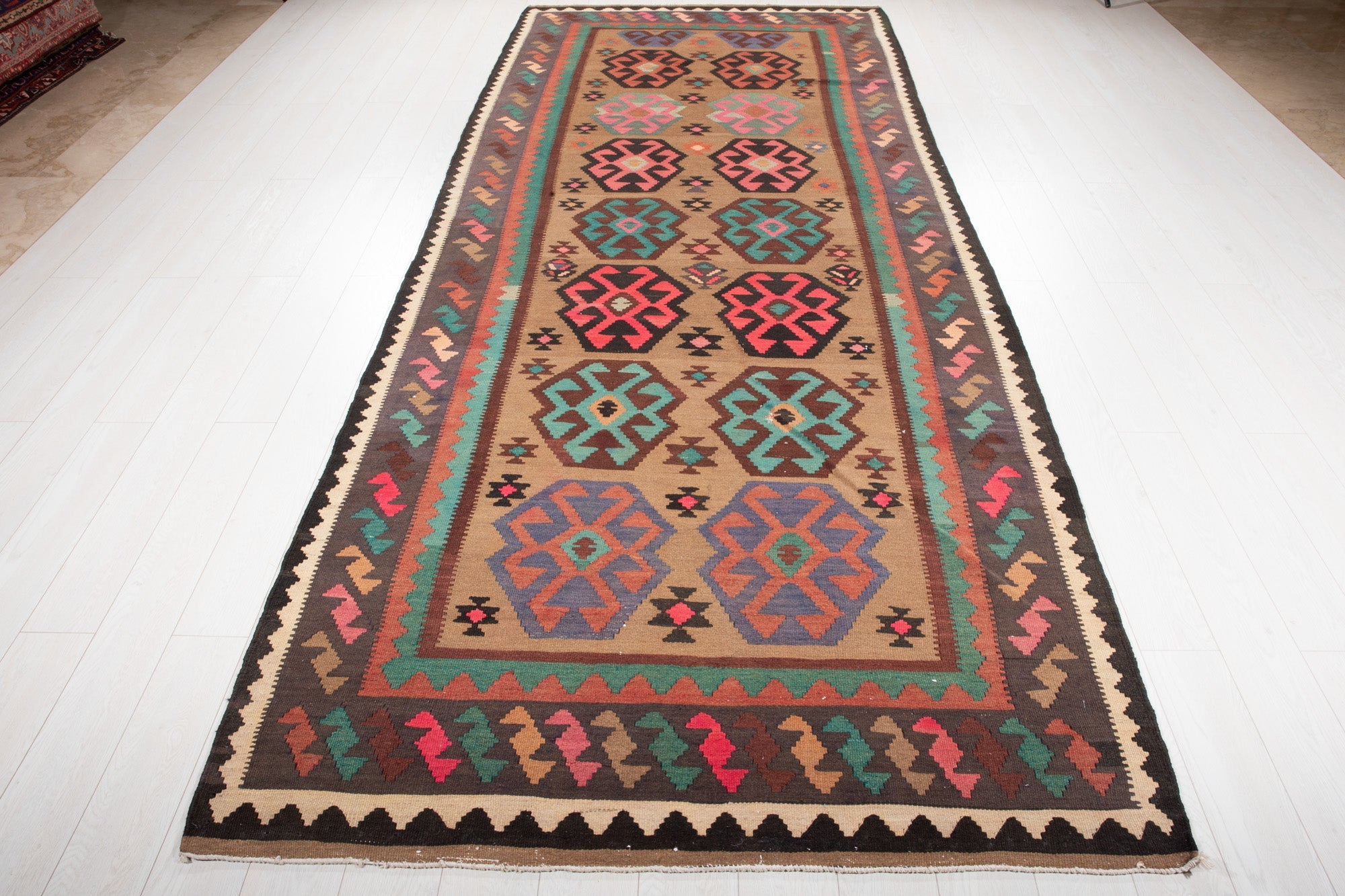 Handwoven Vintage Wool Kilim Rug – 13' x 5' 4" (395 x 162 cm) - Yasi & Fara