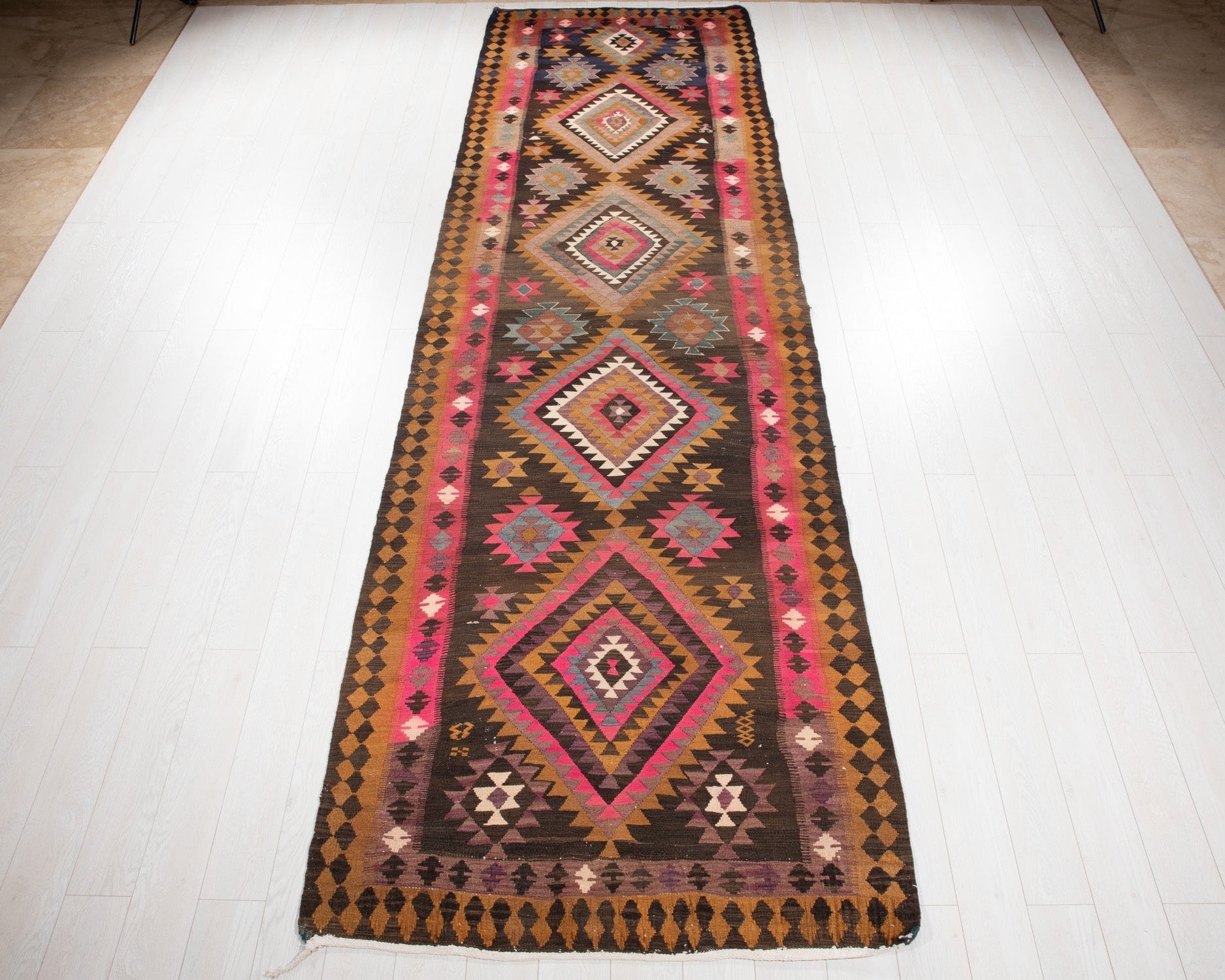 Handwoven Vintage Wool Kilim Runner Rug – 14' x 4' 2" (427 x 128 cm) - Yasi & Fara