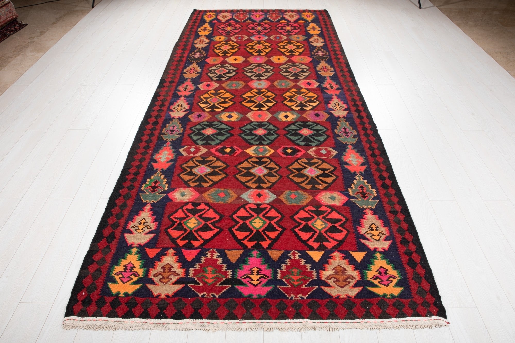 Handwoven Vintage Wool Kilim Rug – 11' 8" x 5' 1" (356 x 155 cm) - Yasi & Fara