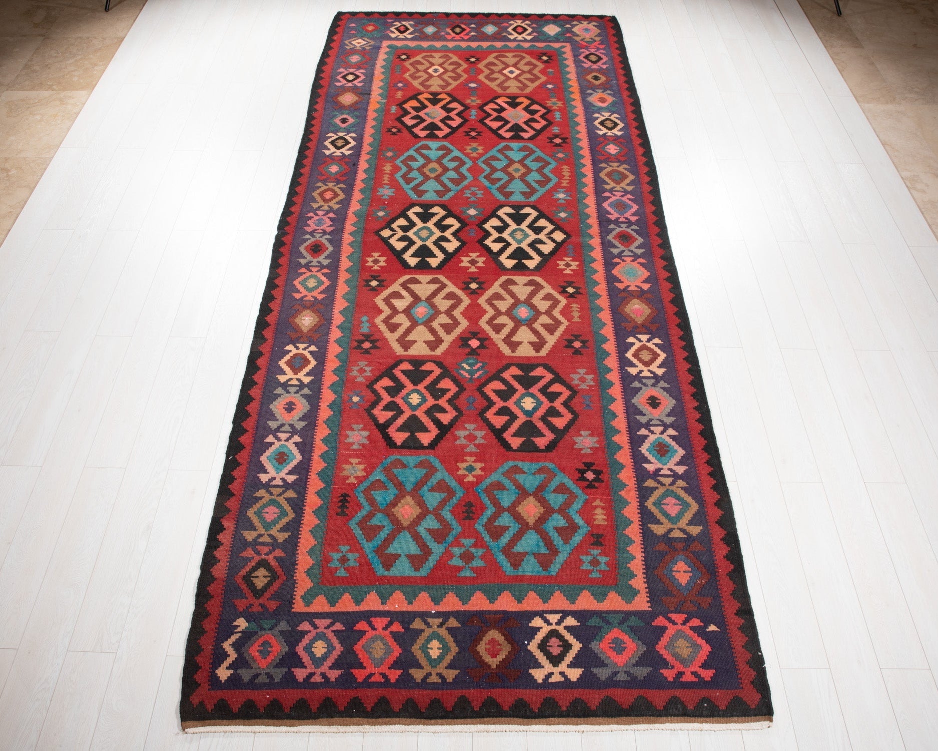 Handwoven Vintage Wool Kilim Rug – 13' 3" x 5' 6" (404 x 167 cm) - Yasi & Fara