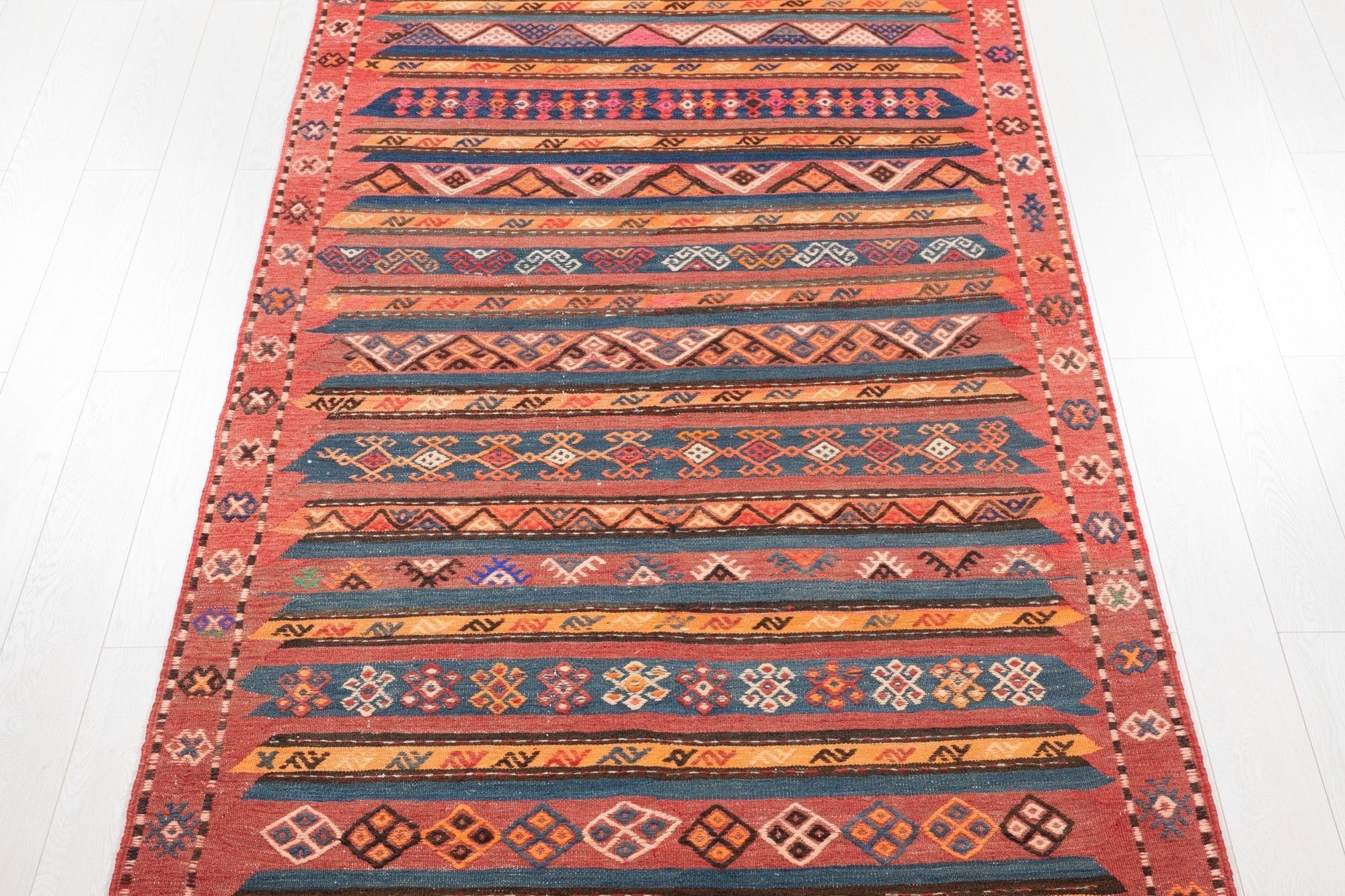 Handwoven Vintage Wool Kilim Runner Rug – 13' 2" x 4' 10" (401 x 148 cm) - Yasi & Fara